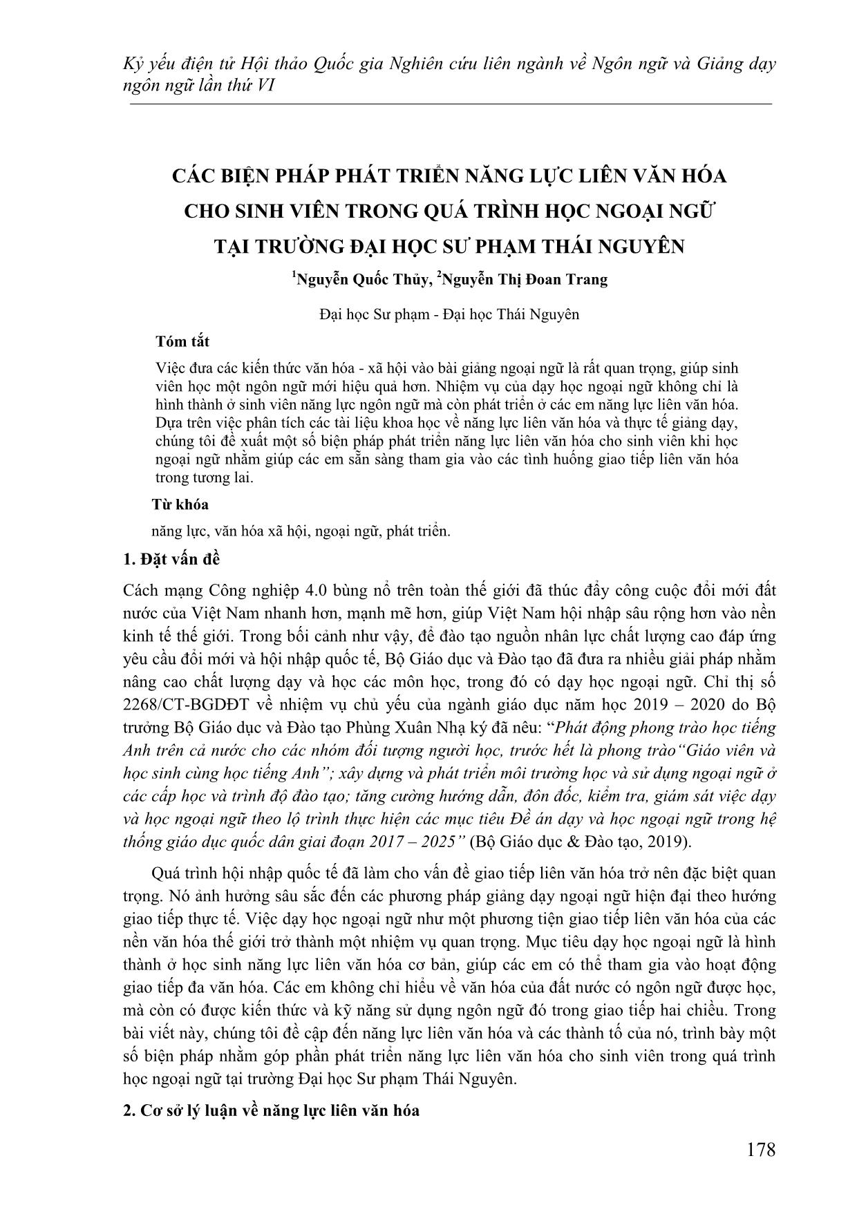 Các biện pháp phát triển năng lực liên văn hóa cho sinh viên trong quá trình học ngoại ngữ tại trường đại học sư phạm Thái Nguyên trang 1