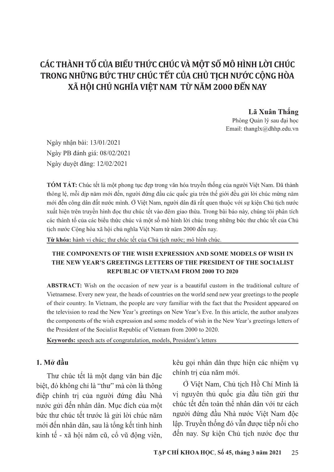Các thành tố của biều thức chúc và một số mô hình lời chúc trong những bức thư chúc tết của chủ tịch nước cộng hòa xã hội chủ nghĩa Việt Nam từ năm 2000 đến nay trang 1