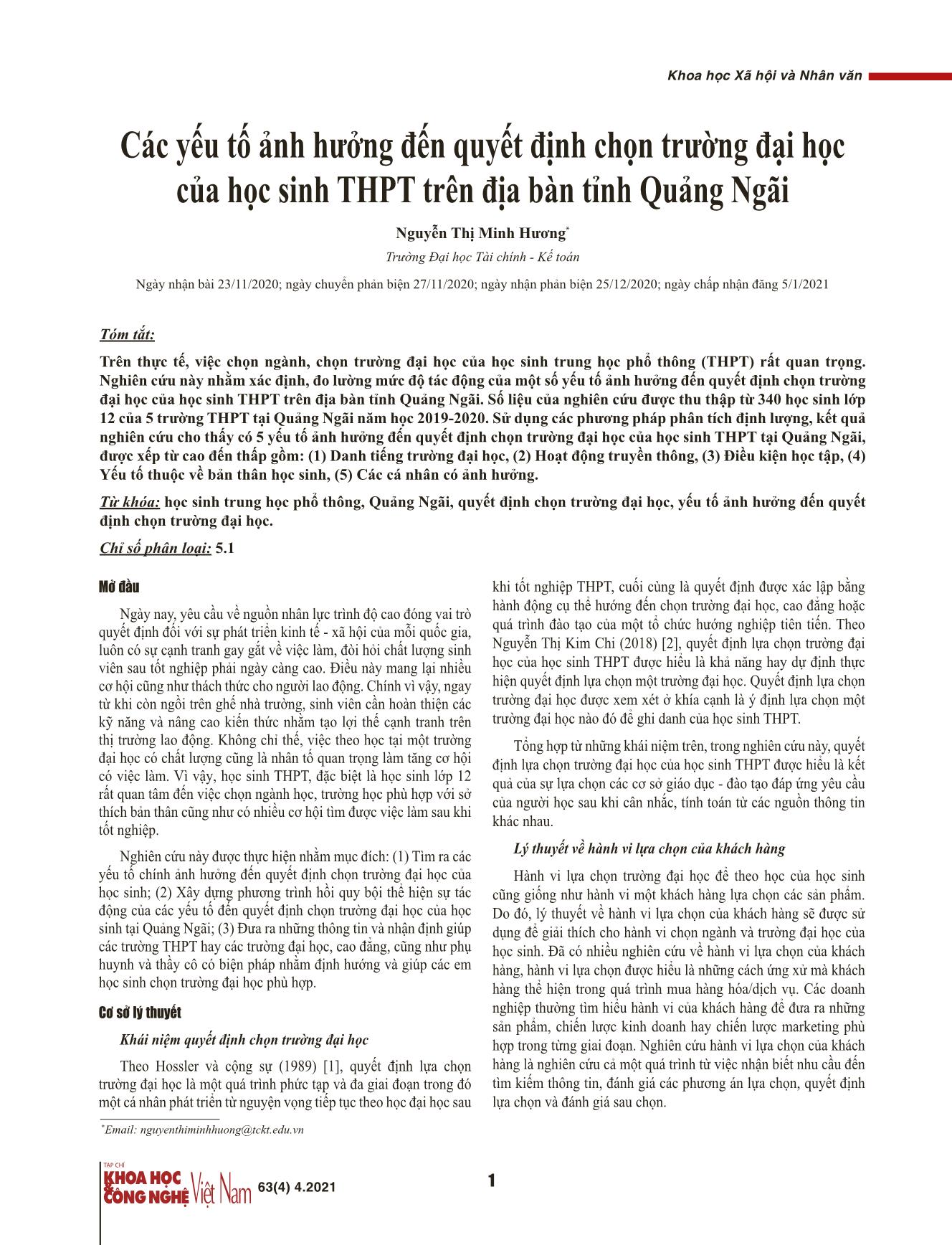 Các yếu tố ảnh hưởng đến quyết định chọn trường đại học của học sinh THPT trên địa bàn tỉnh Quảng Ngãi trang 1