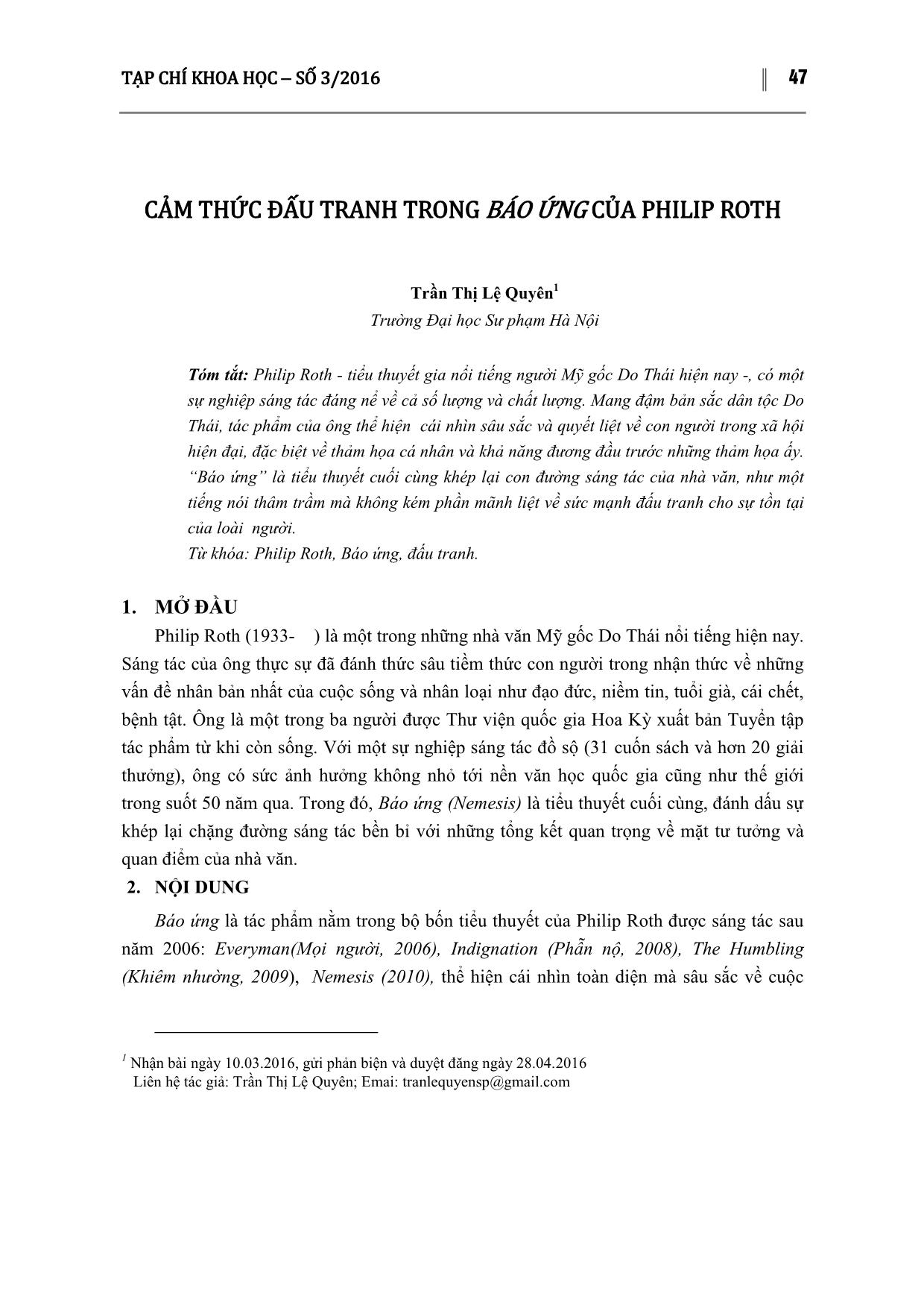 Cảm thức đấu tranh trong báo ứng của philip roth trang 1