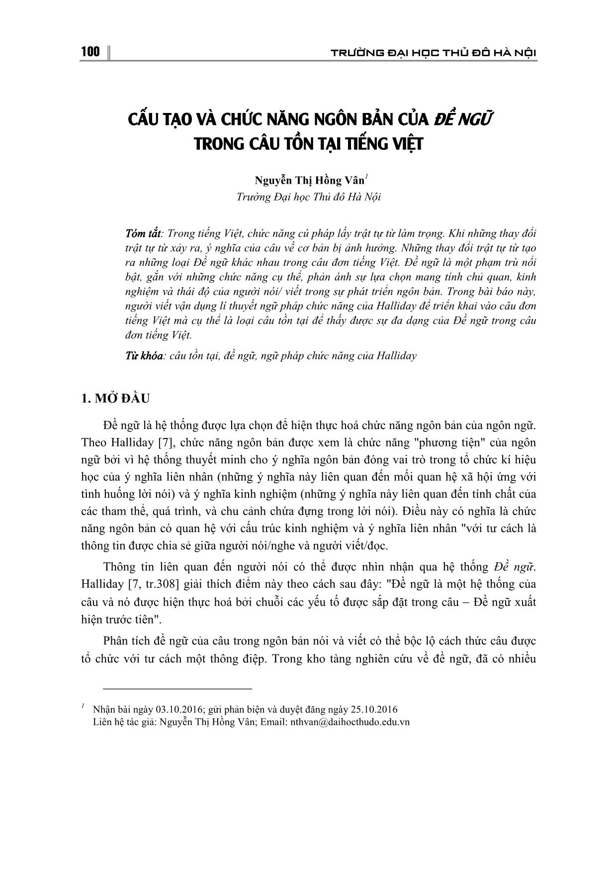 Cấu tạo và chức năng ngôn bản của đề ngữ trong câu tồn tại Tiếng Việt trang 1