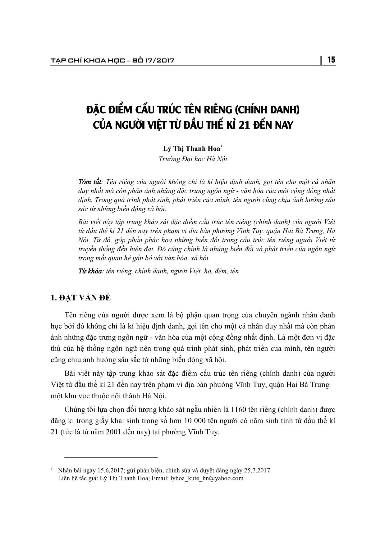 Đặc điểm cấu trúc tên riêng (chính danh) của người Việt từ đầu thế kỉ 21 đến nay trang 1