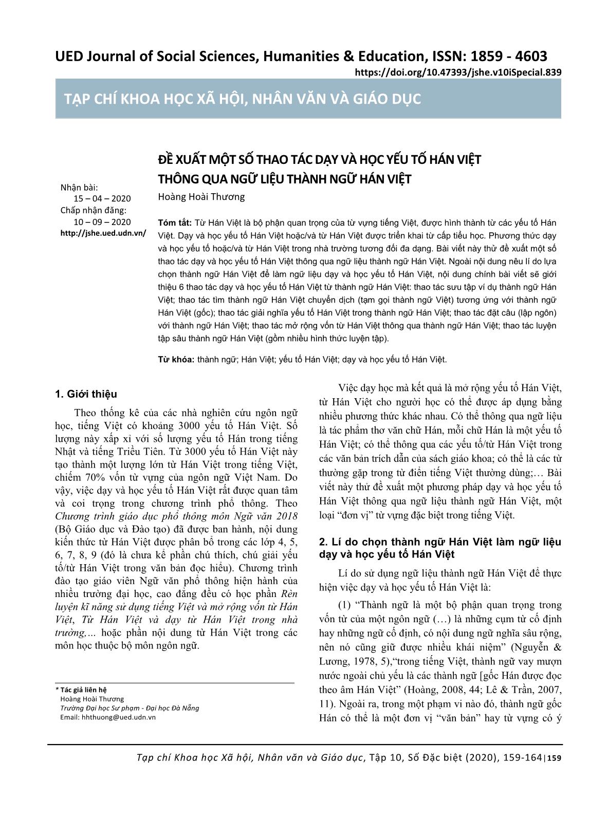 Đề xuất một số thao tác dạy và học yếu tố hán việt thông qua ngữ liệu thành ngữ Hán Việt trang 1