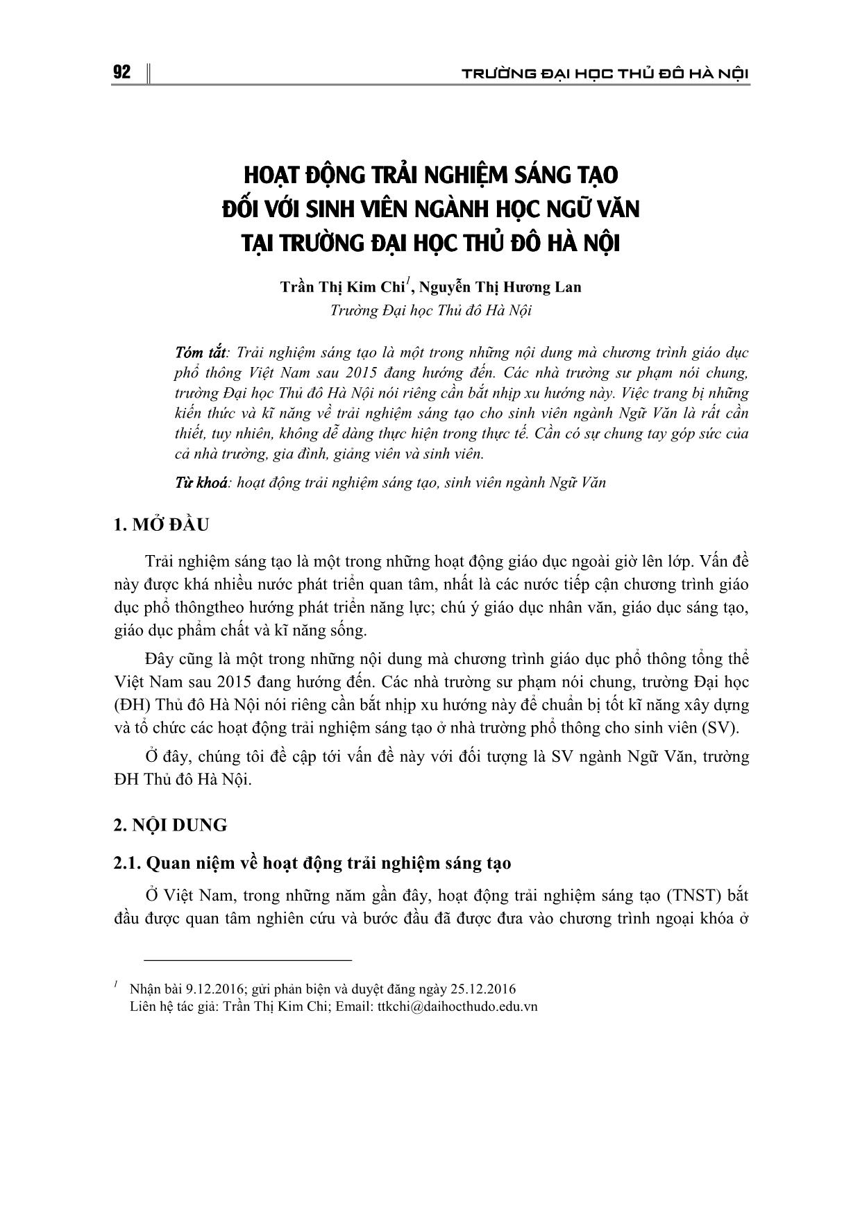 Hoạt động trải nghiệm sáng tạo đối với sinh viên ngành học Ngữ văn tại trường đại học thủ đô Hà Nội trang 1