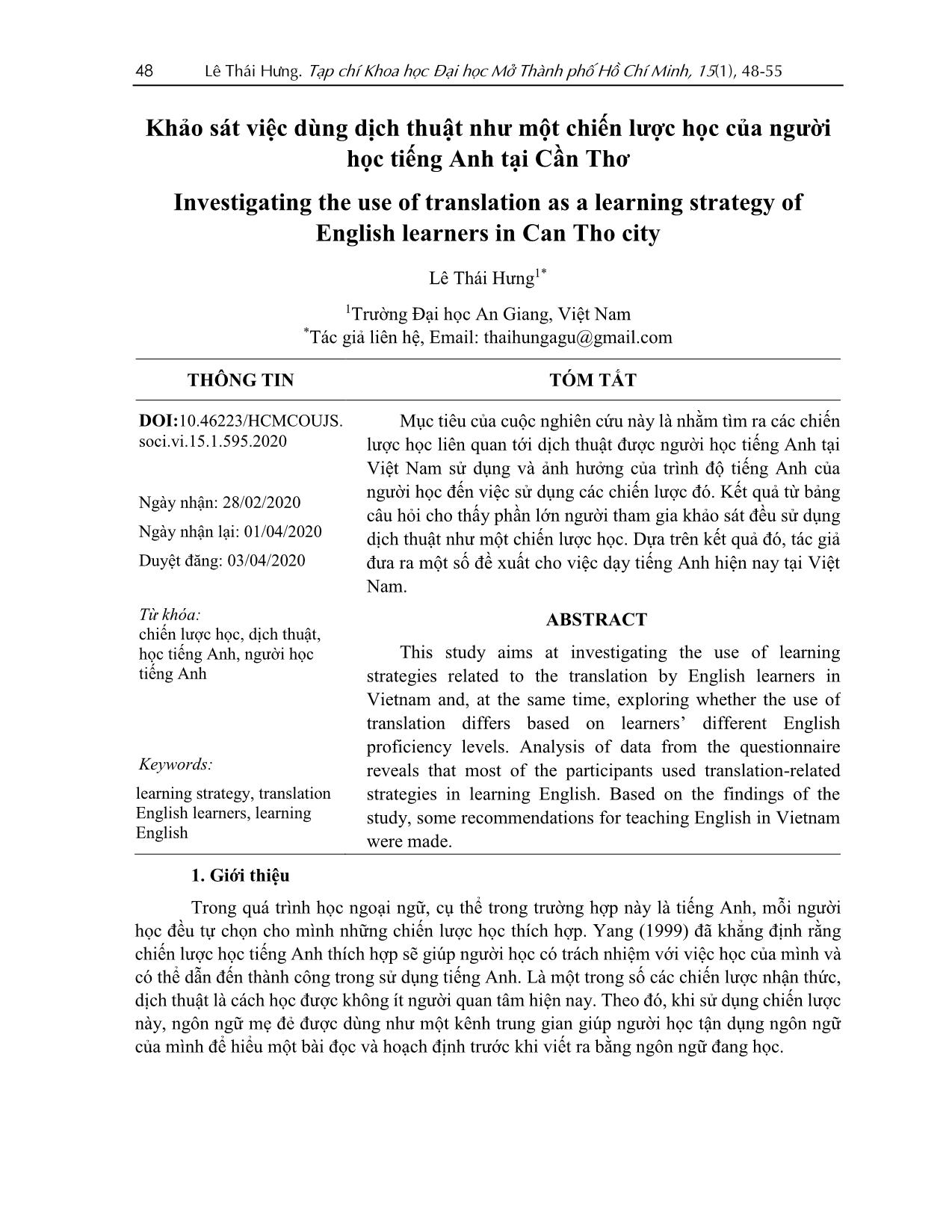 Khảo sát việc dùng dịch thuật như một chiến lược học của người học tiếng Anh tại Cần Thơ trang 1