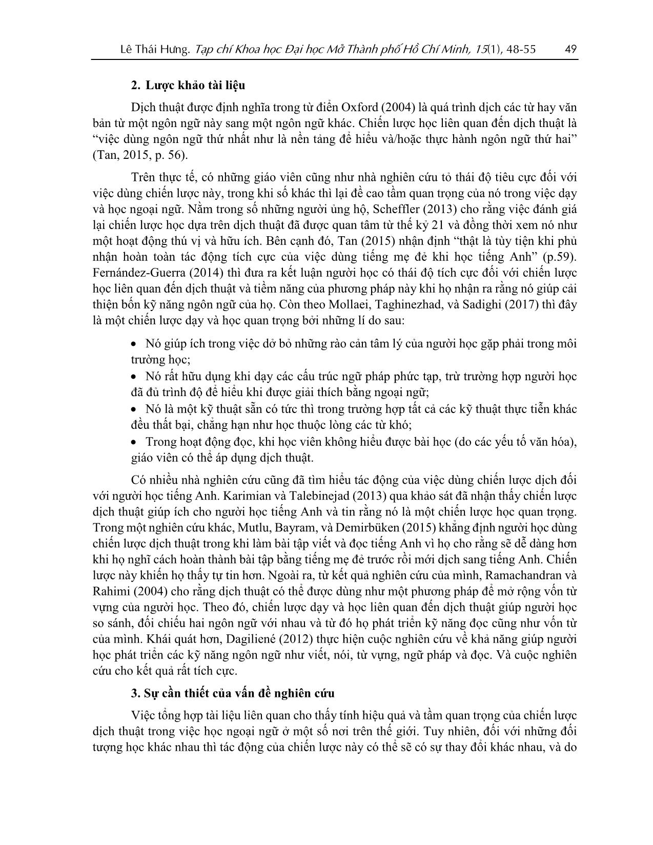 Khảo sát việc dùng dịch thuật như một chiến lược học của người học tiếng Anh tại Cần Thơ trang 2