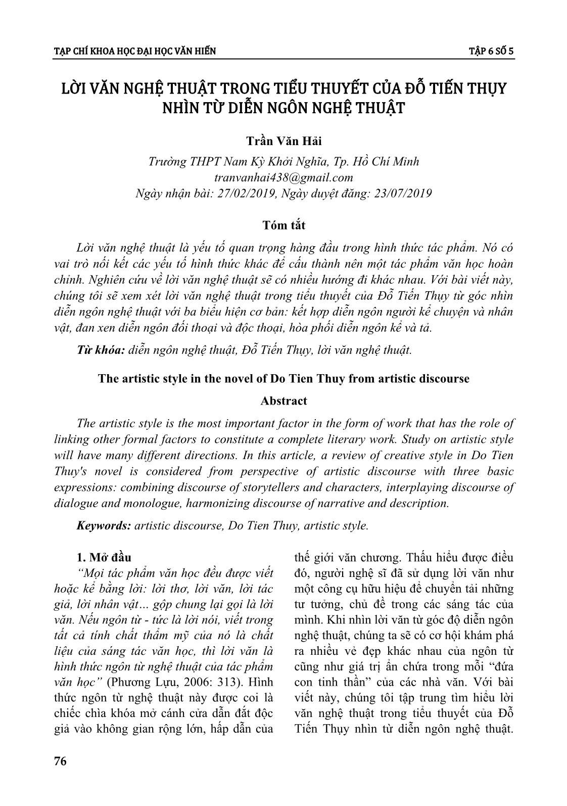 Lời văn nghệ thuật trong tiểu thuyết của đỗ tiến thụy nhìn từ diễn ngôn nghệ thuật trang 1