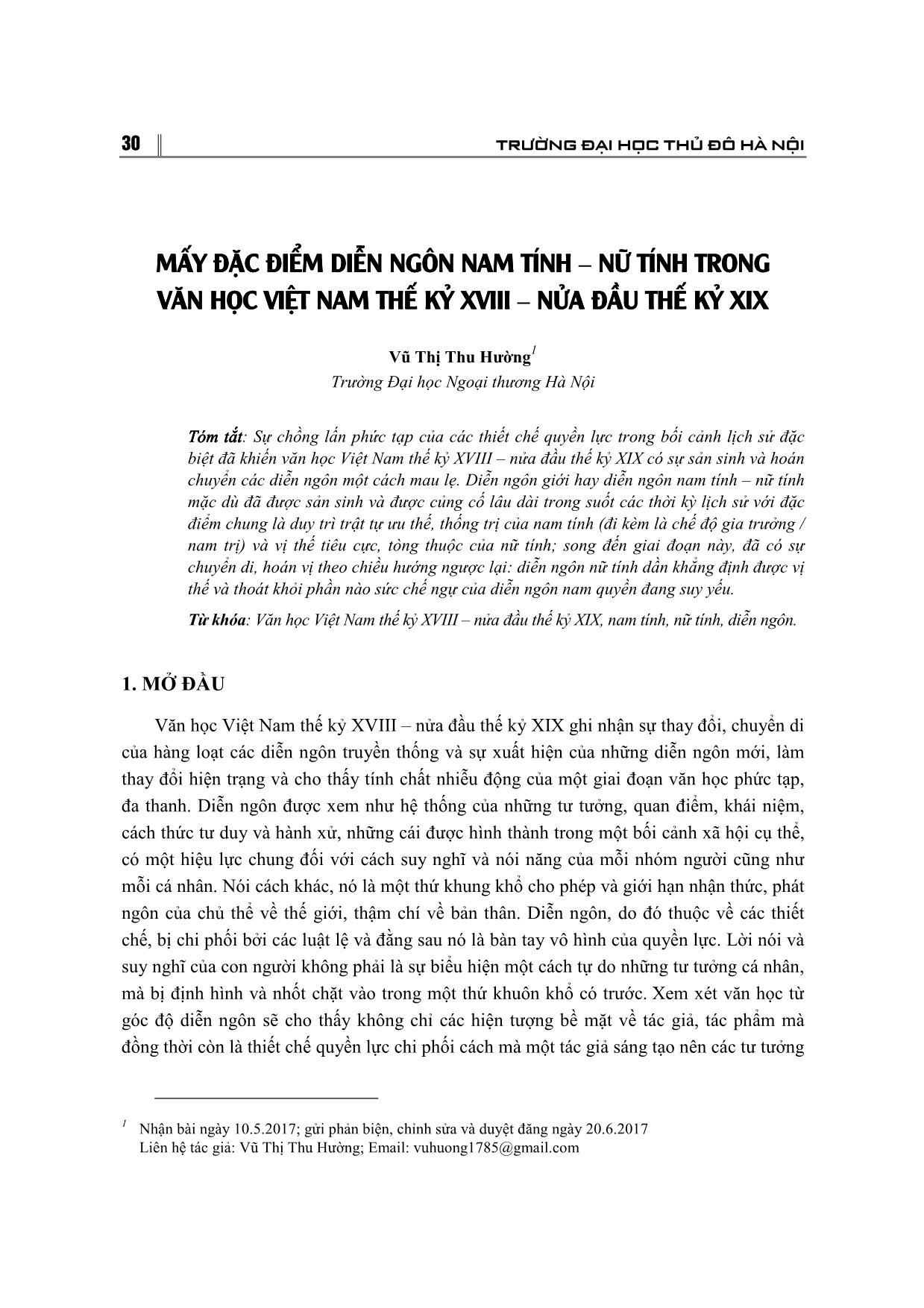 Mấy đặc ddiemr diễn ngôn Nam tính - Nữ tính trong văn học Việt Nam thế kỉ XVIII - Nửa đầu thế kỉ XIX trang 1