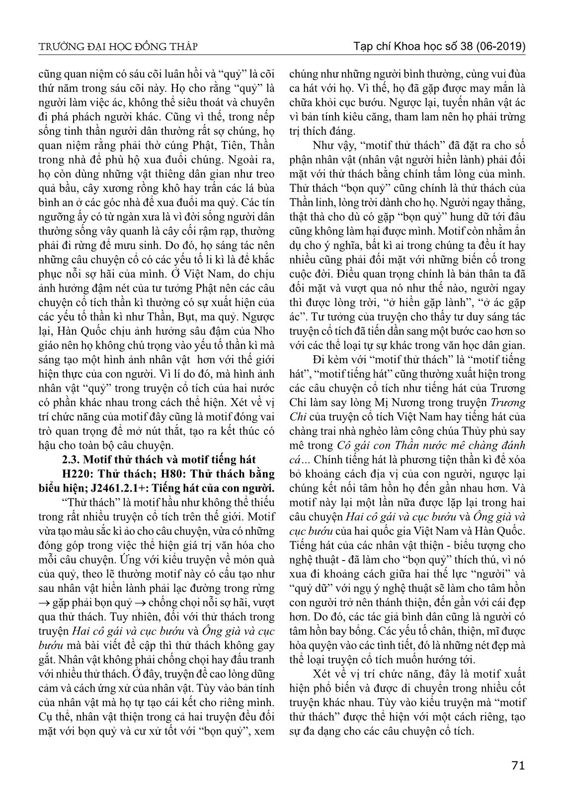 Motif trong truyện cổ tích hai cô gái và cục bướu của Việt Nam và ông già và cục bướu của Hàn Quốc từ góc nhìn so sánh trang 5