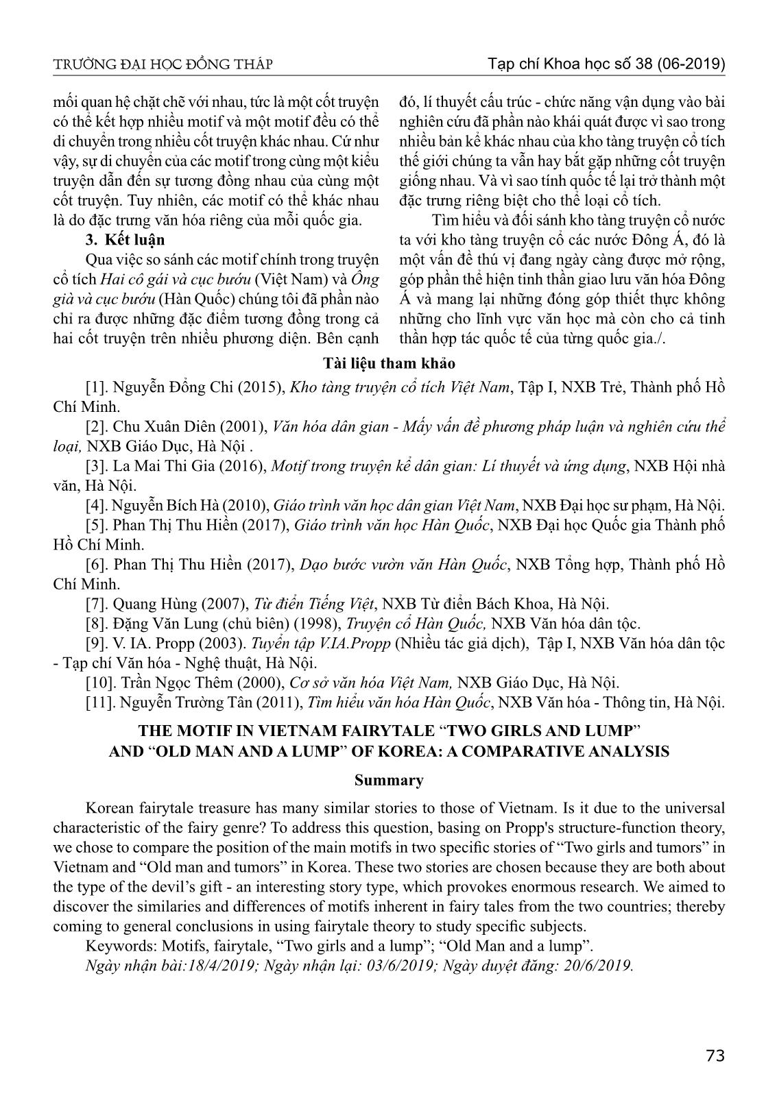 Motif trong truyện cổ tích hai cô gái và cục bướu của Việt Nam và ông già và cục bướu của Hàn Quốc từ góc nhìn so sánh trang 7