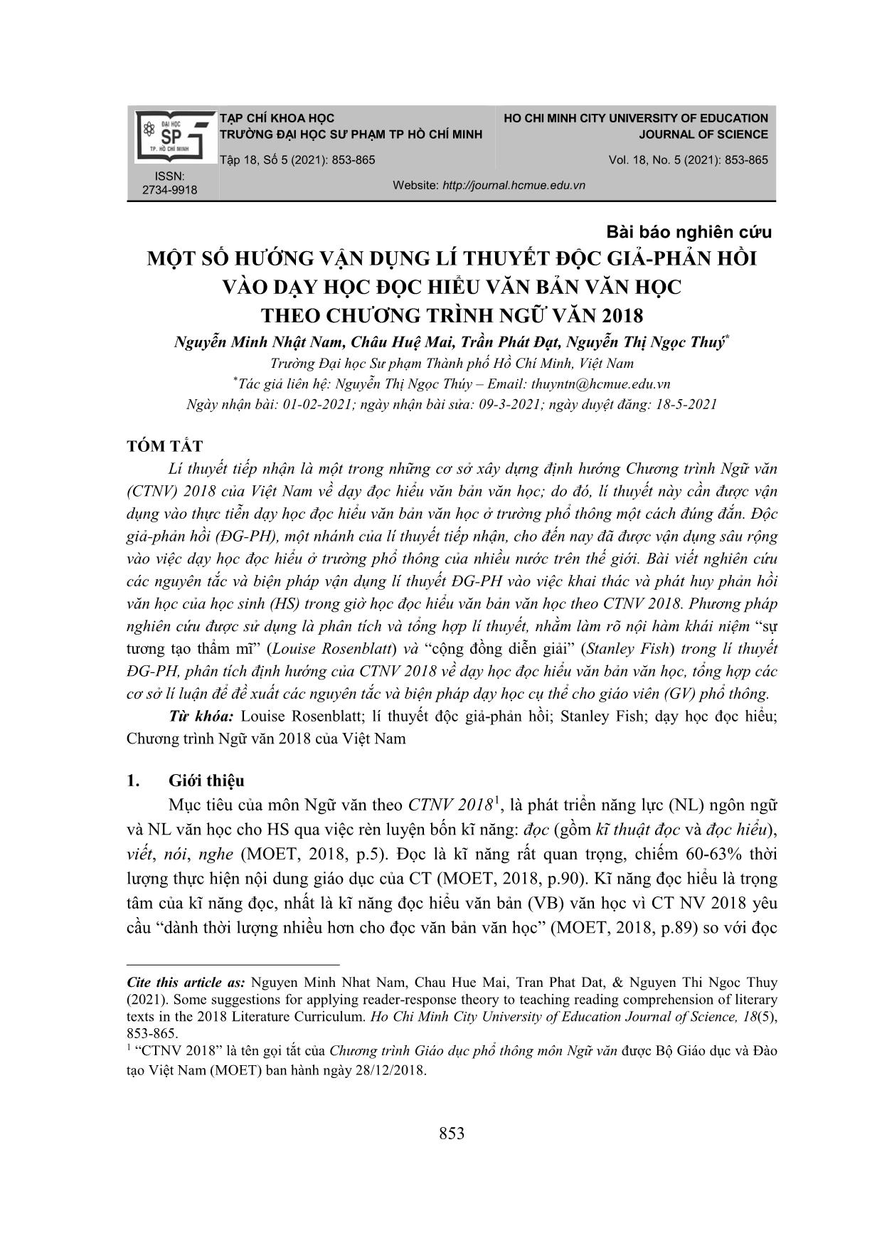 Một số hướng vận dụng lí thuyết độc giả-Phản hồi vào dạy học đọc hiểu văn bản văn học theo chương trình Ngữ văn 2018 trang 1