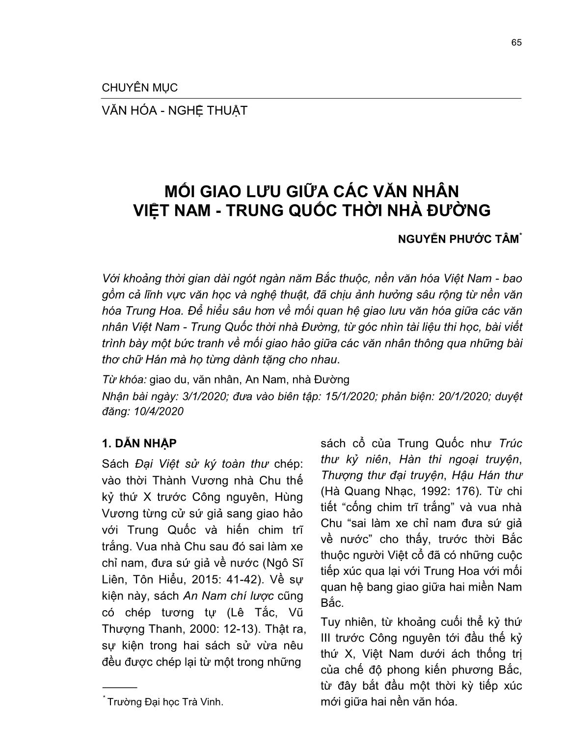 Mối giao lưu giữa các văn nhân Việt Nam - Trung quốc thời nhà đường trang 1