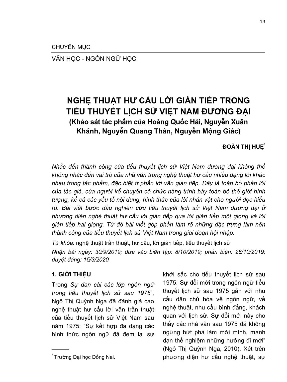Nghệ thuật hư cấu lời gián tiếp trong tiểu thuyết lịch sử Việt Nam đương đại trang 1