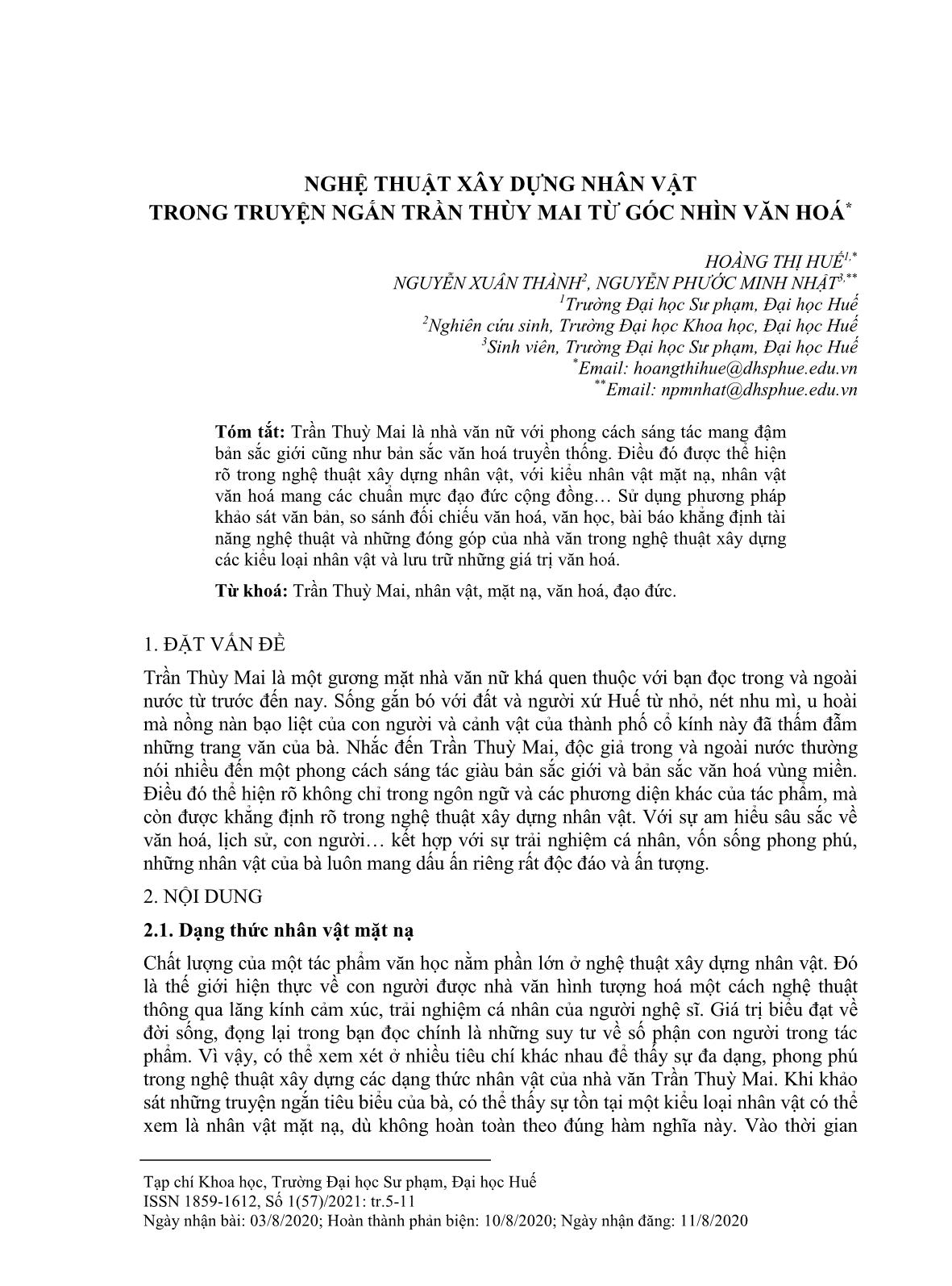 Nghệ thuật xây dựng nhân vật trong truyện ngắn Trần Thùy mai từ góc nhìn văn hoá trang 1