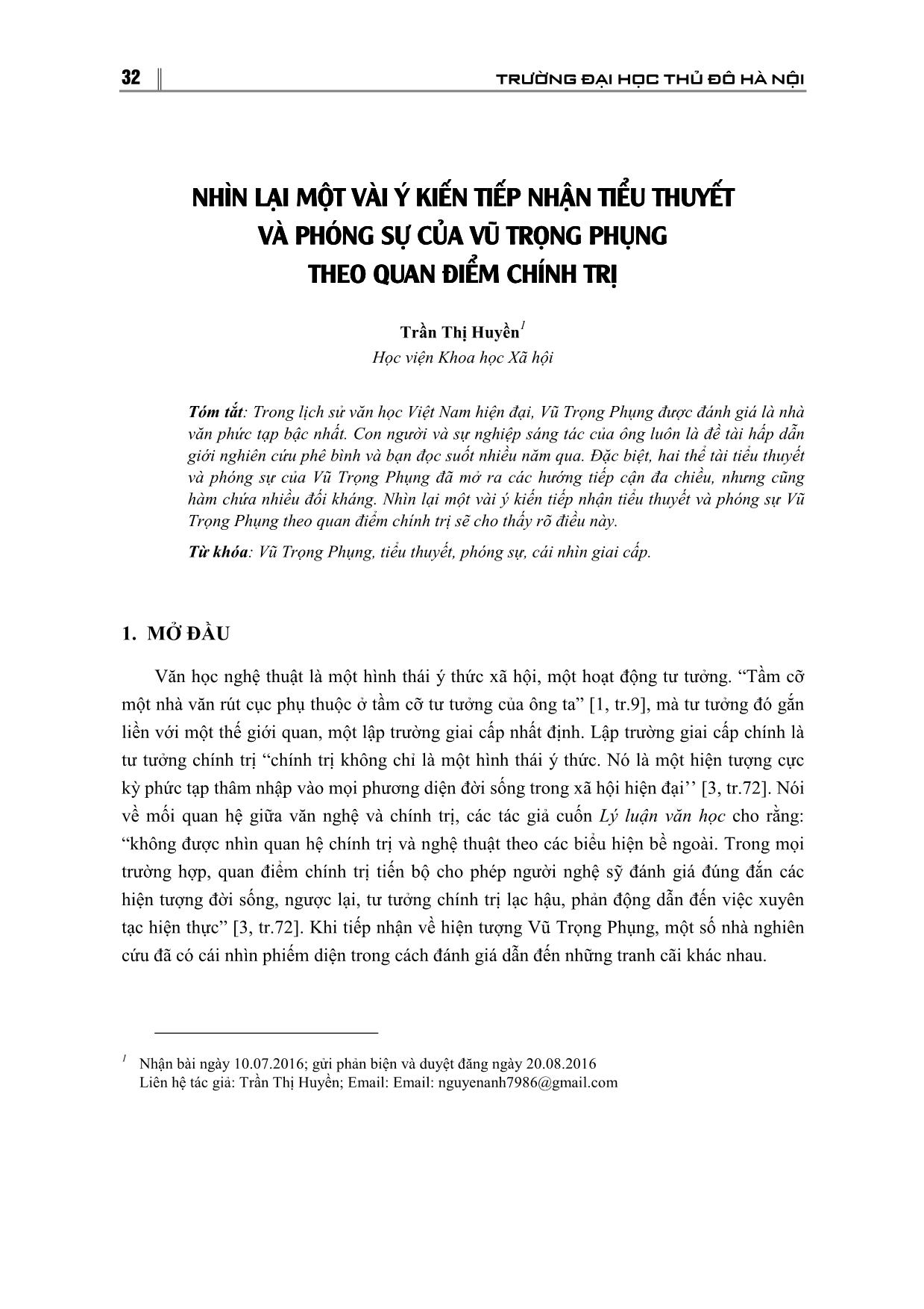 Nhìn lại một vài ý kiến tiếp nhận tiểu thuyết và phóng sự của Vũ Trọng Phụng theo quan điểm chính trị trang 1