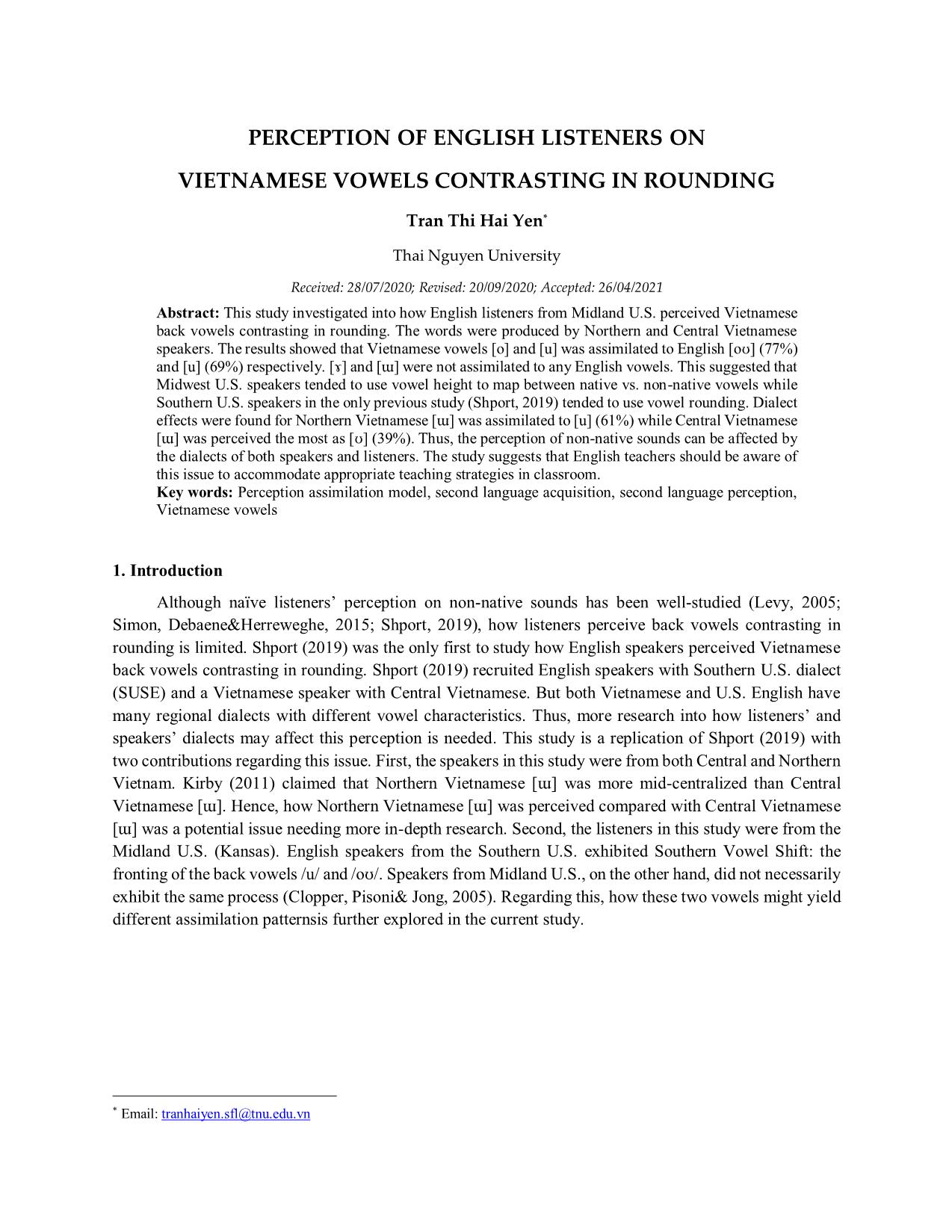 Perception of english listeners on Vietnamese vowels contrasting in rounding trang 1