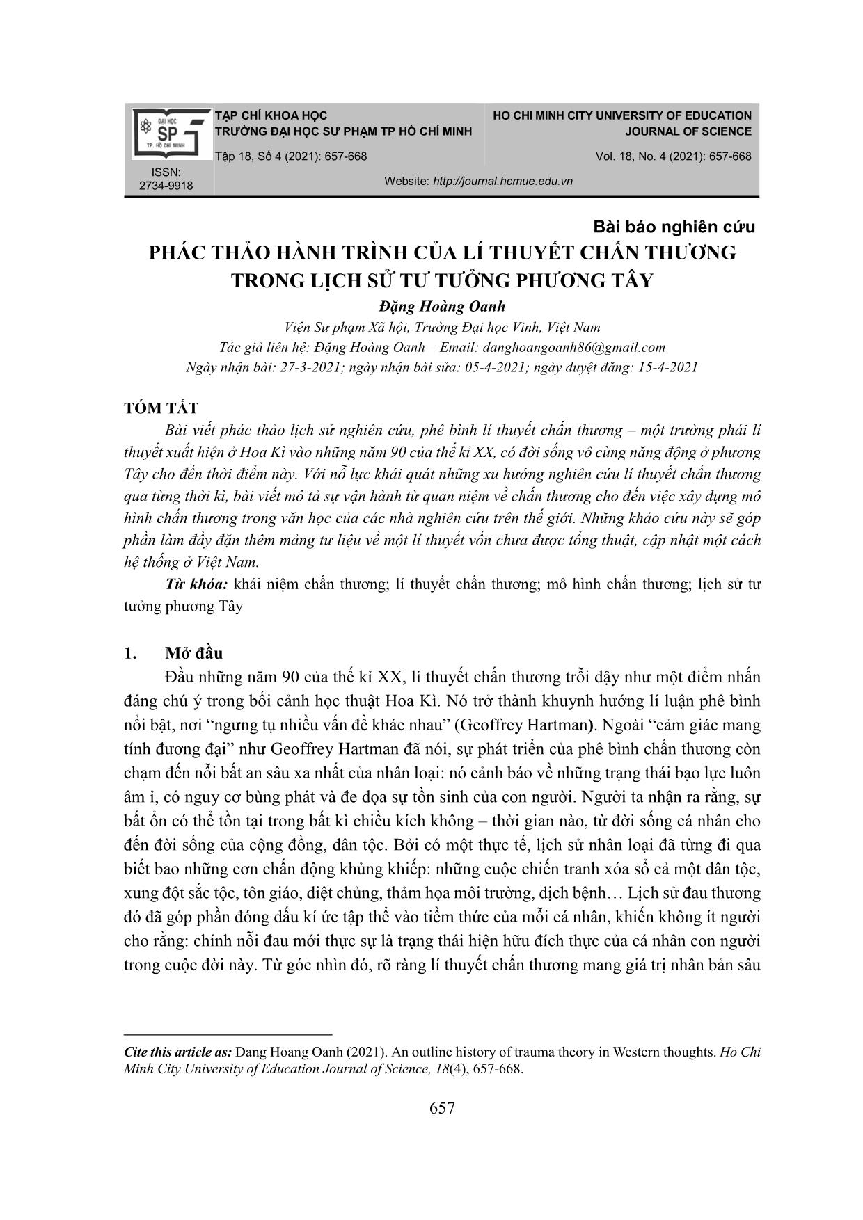 Phác thảo hành trình của lí thuyết chấn thương trong lịch sử tư tưởng phương tây trang 1