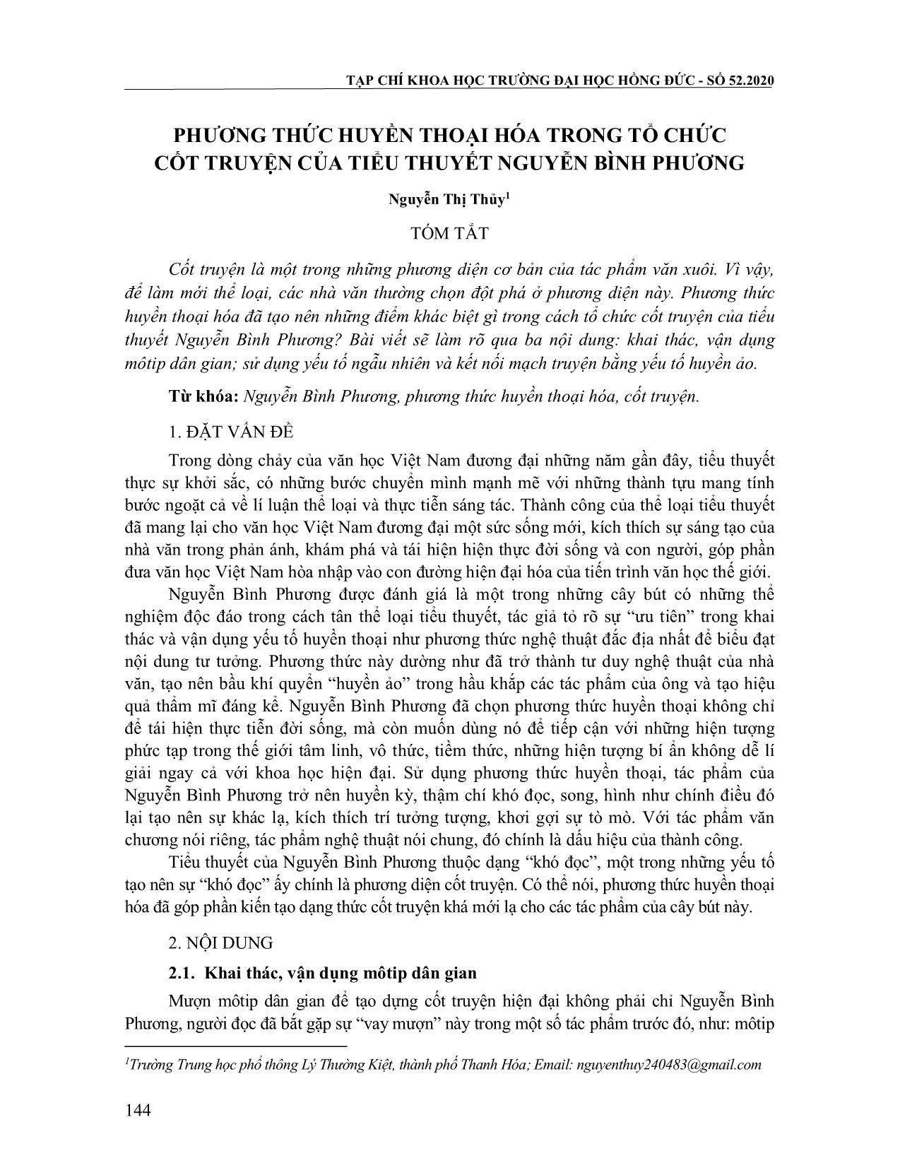 Phương thức huyền thoại hóa trong tổ chức cốt truyện của tiểu thuyết Nuyễn Bình Phương trang 1