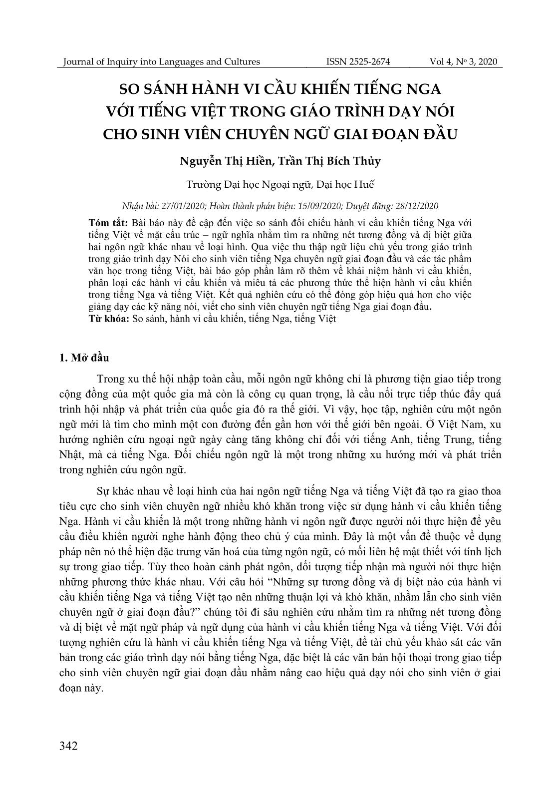 So sánh hành vi cầu khiến tiếng Nga với tiếng Việt trong giáo trình dạy nói cho sinh viên chuyên ngữ giai đoạn đầu trang 1