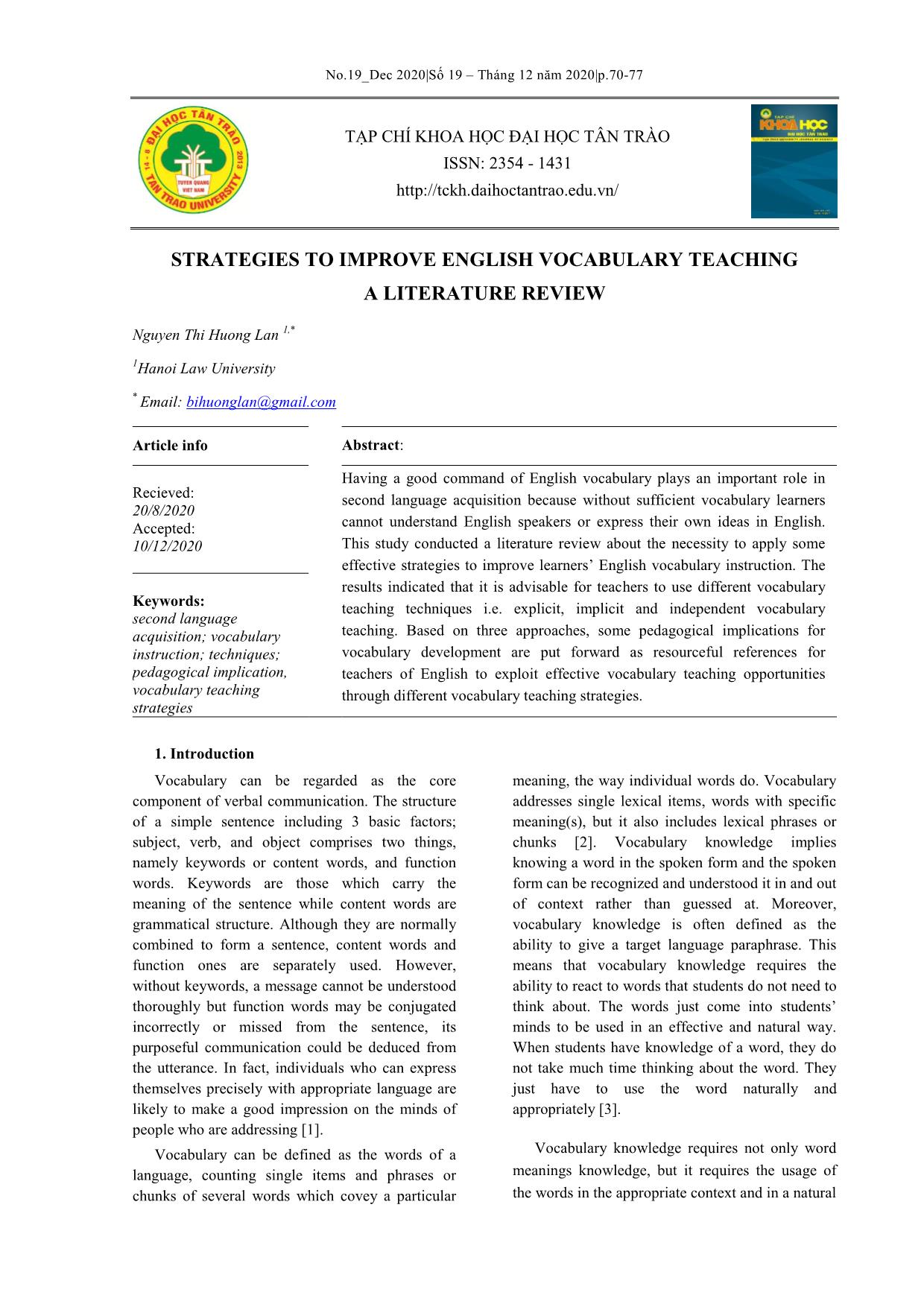 Strategies to improve English vocabulary teaching a literature review trang 1