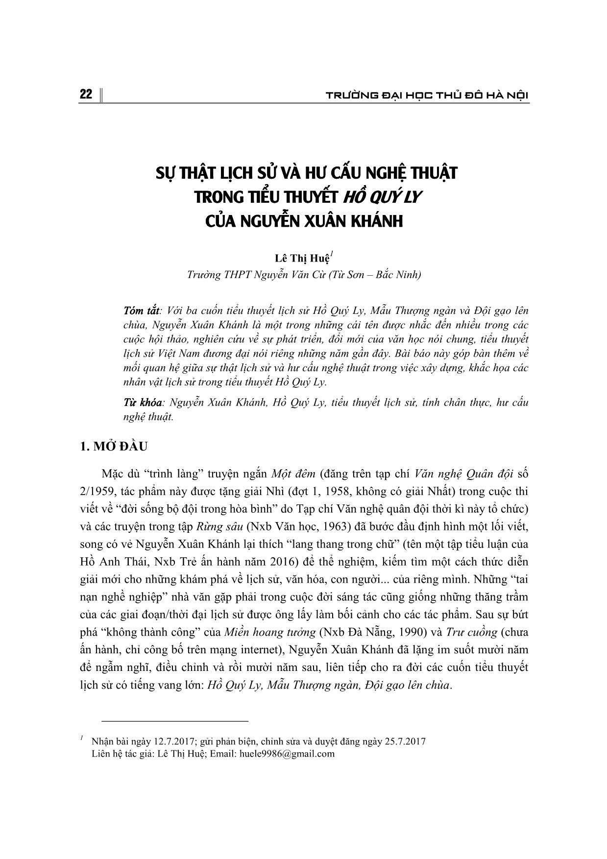 Sự thật lịch sử và hư cấu nghệ thuật trong tiểu thuyết Hồ Quý Li của Nguyễn Xuân Thành trang 1