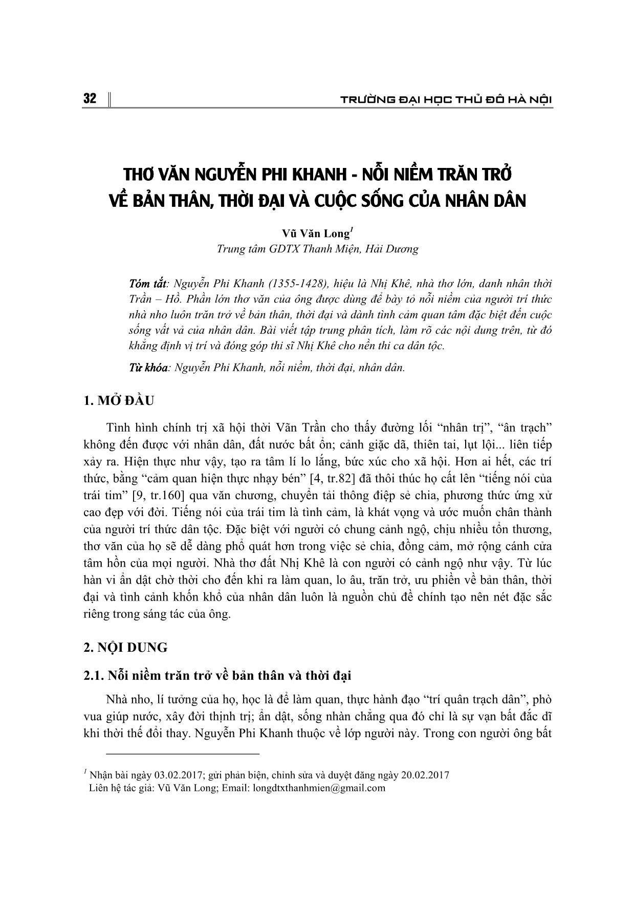 Thơ văn Nguyễn Phi Khanh - Nỗi niềm trăn trở về bản thân, thời đại và cuộc sống của nhân dân trang 1