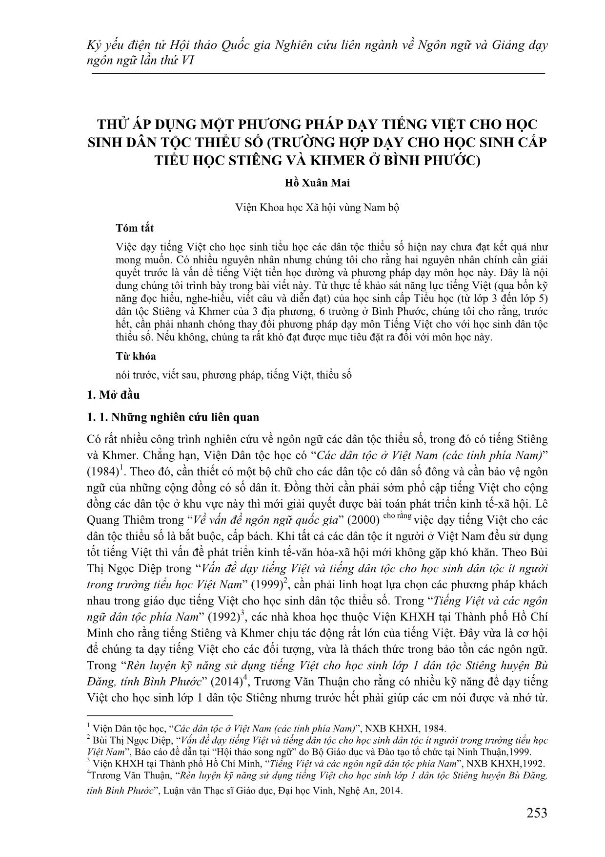 Thử áp dụng một phương pháp dạy tiếng việt cho học sinh dân tộc thiểu số (trường hợp dạy cho học sinh cấp tiểu học Stiêng và Khmer ở Bình Phước) trang 1