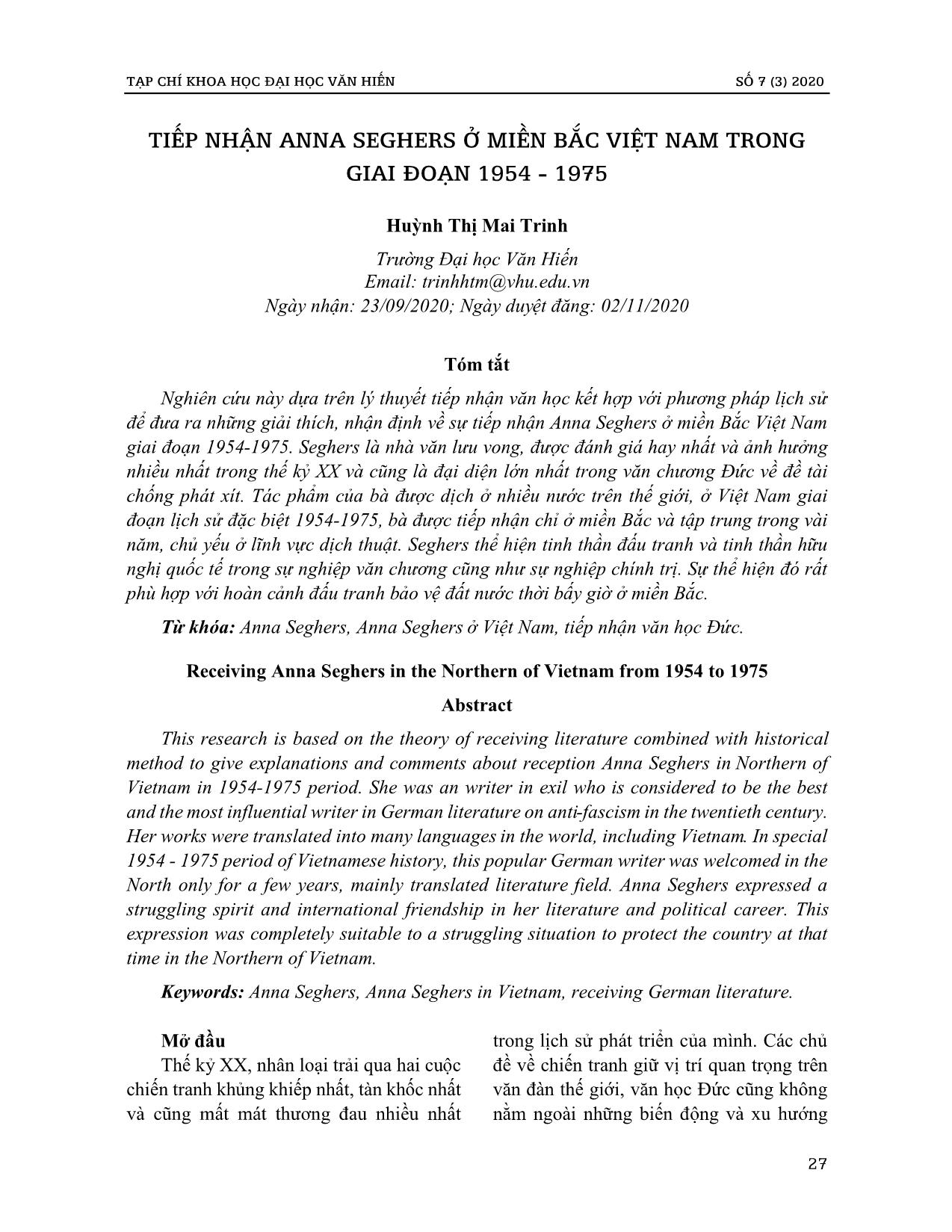 Tiếp nhận Anna seghers ở miền Bắc Việt Nam trong giai đoạn 1954 - 1975 trang 1