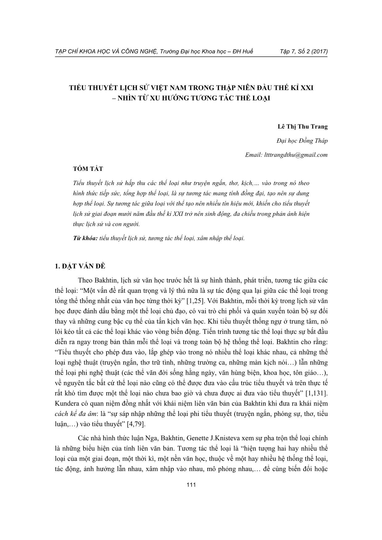 Tiểu thuyết lịch sử Việt Nam trong thập niên đầu thế kỉ XXI – Nhìn từ xu hướng tương tác thể loại trang 1