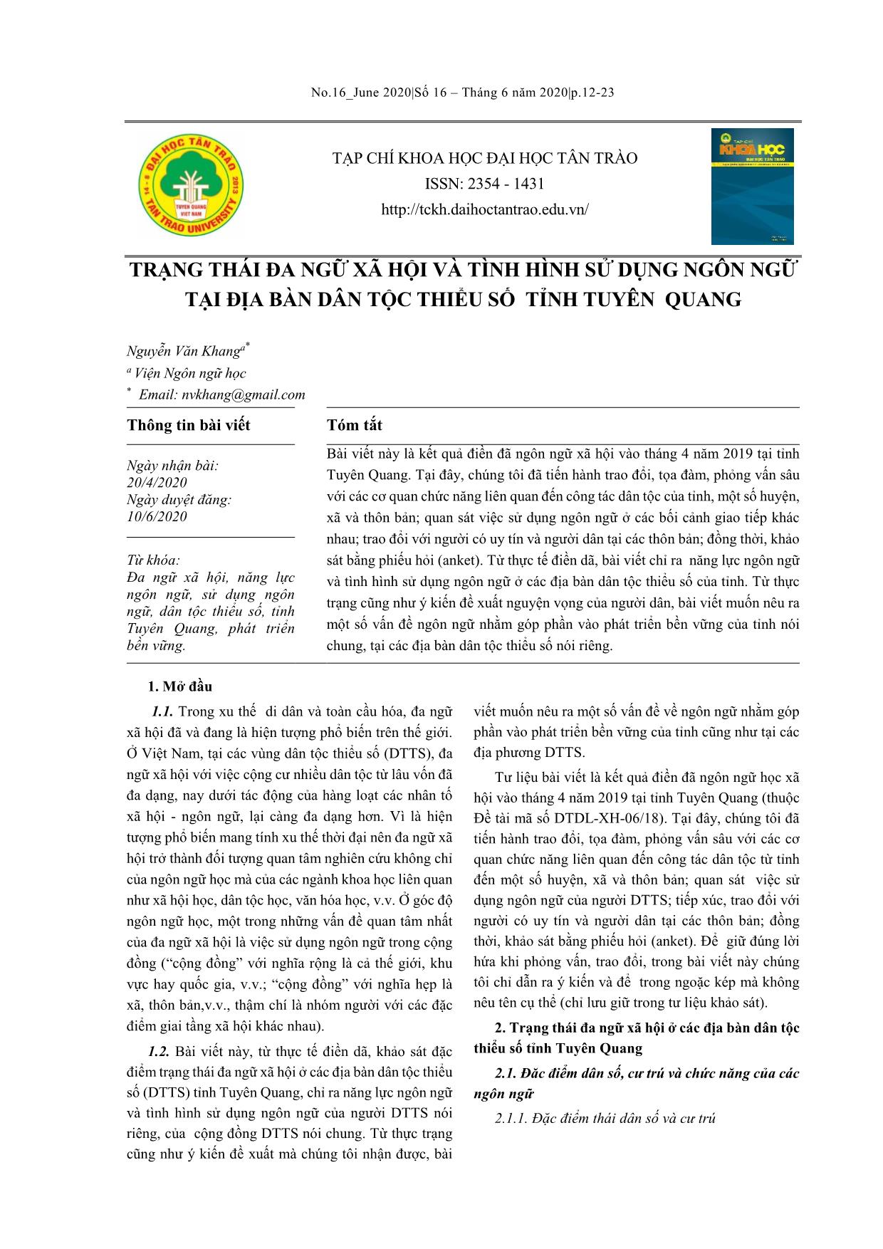 Trạng thái đa ngữ xã hội và tình hình sử dụng ngôn ngữ tại địa bàn dân tộc thiểu số tỉnh Tuyên Quang trang 1