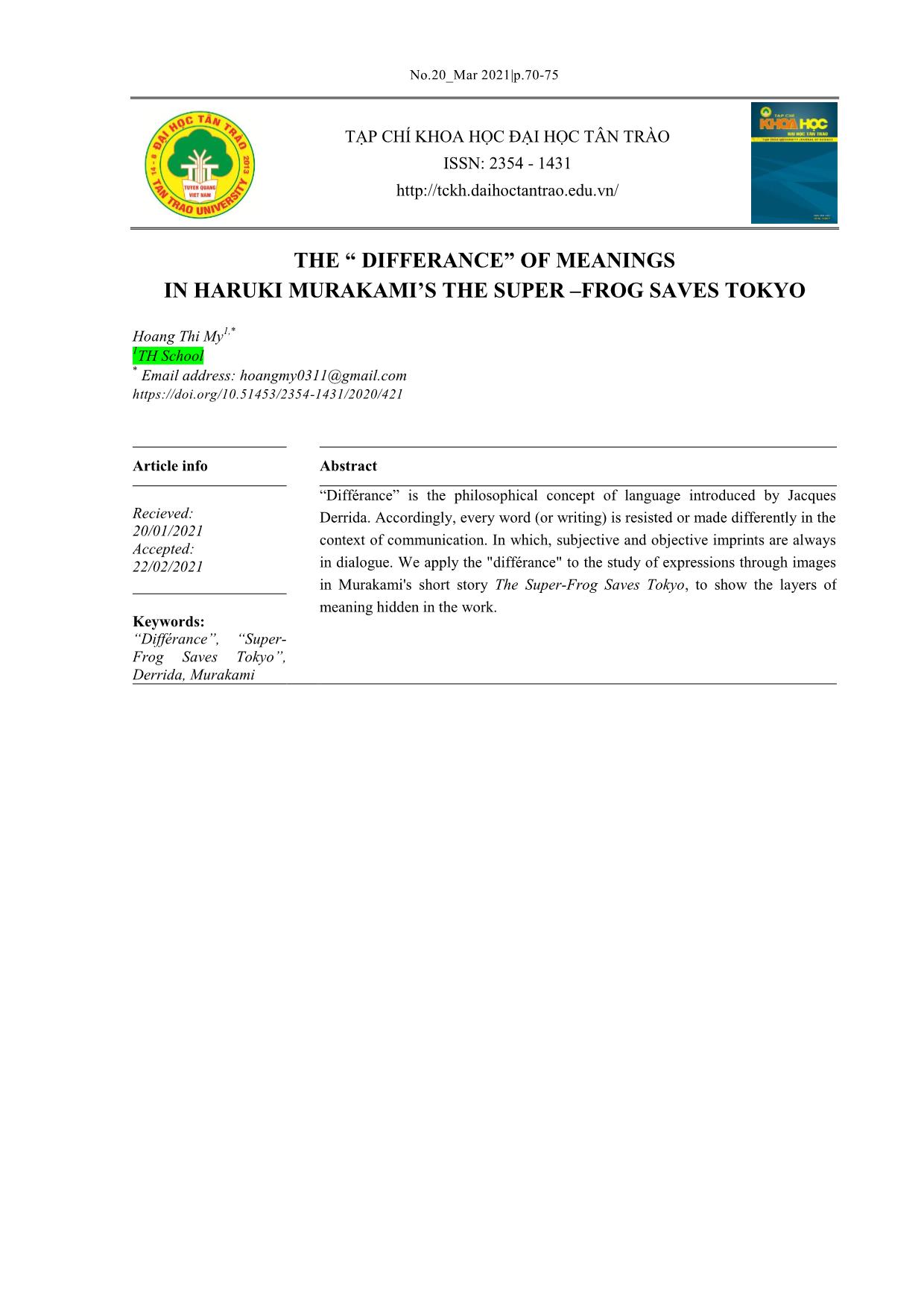 The “differance” of meanings in haruki murakami’s the super – frog saves tokyo trang 1
