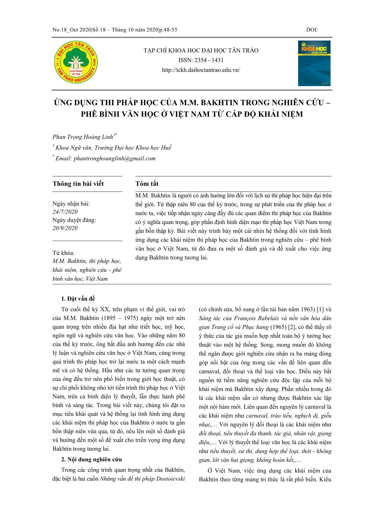Ứng dụng thi pháp học của M. M. Bakhtin trong nghiên cứu – phê bình văn học ở Việt Nam từ cấp độ khái niệm trang 1
