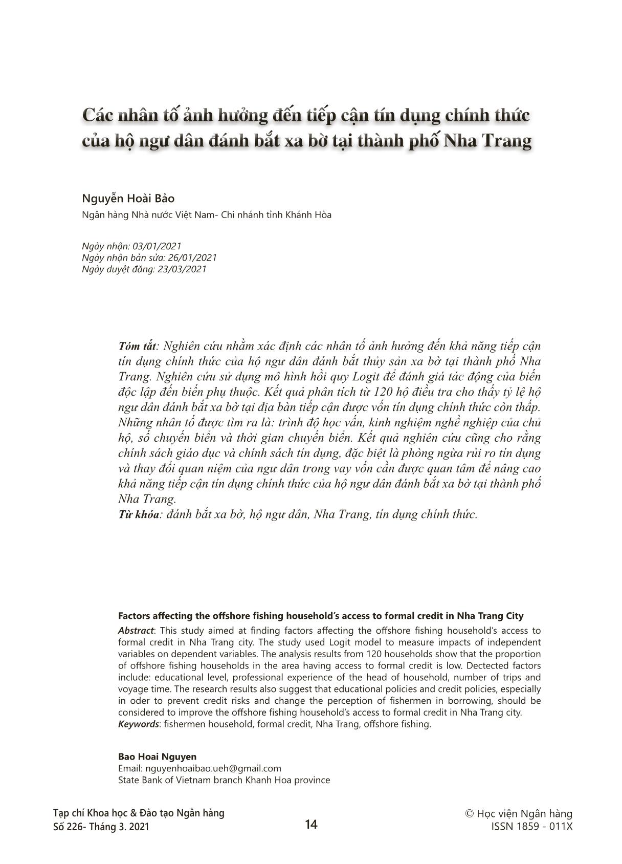 Các nhân tố ảnh hưởng đến tiếp cận tín dụng chính thức của hộ ngư dân đánh bắt xa bờ tại thành phố Nha Trang trang 1