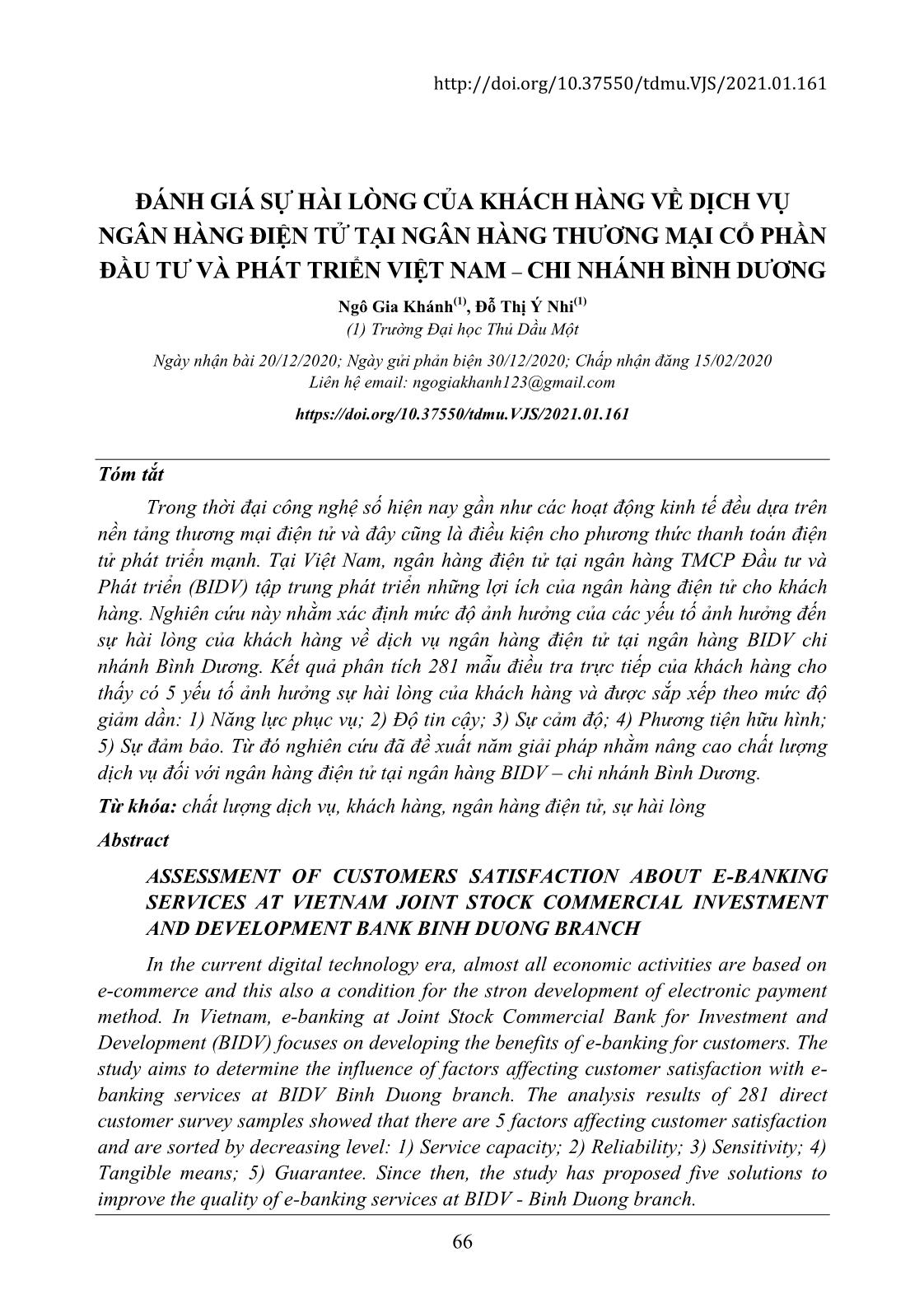 Đánh giá sự hài lòng của khách hàng về dịch vụ ngân hàng điện tử tại ngân hàng thương mại cổ phần đầu tư và phát triển Việt Nam – Chi nhánh Bình Dương trang 1