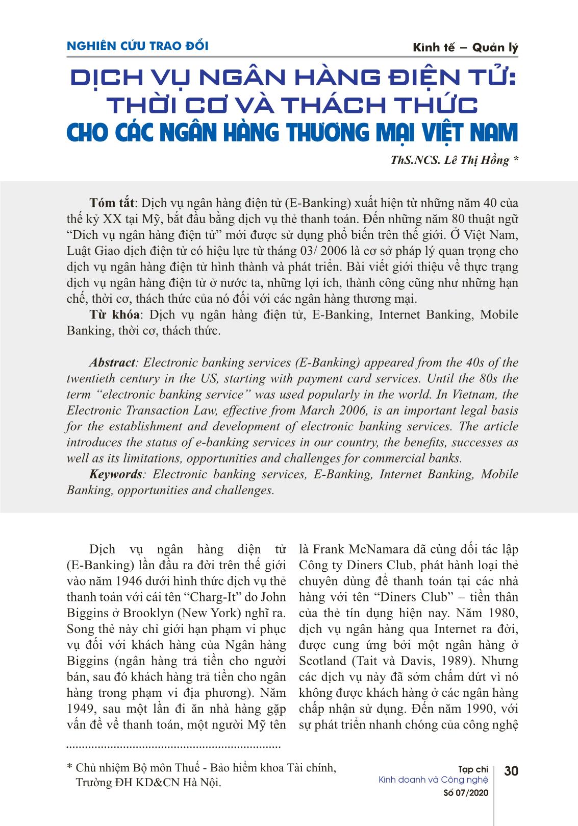 Dịch vụ ngân hàng điện tử: thời cơ và thách thức cho các ngân hàng thương mại Việt Nam trang 1