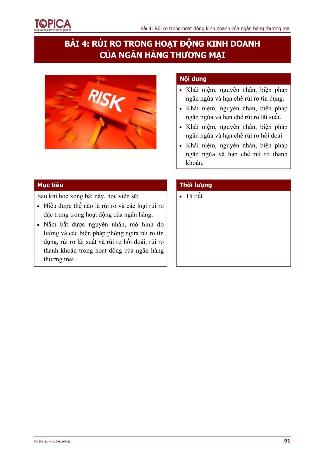 Ngân hàng thương mại - Bài 4: Rủi ro trong hoạt động kinh doanh của ngân hàng thương mại trang 1