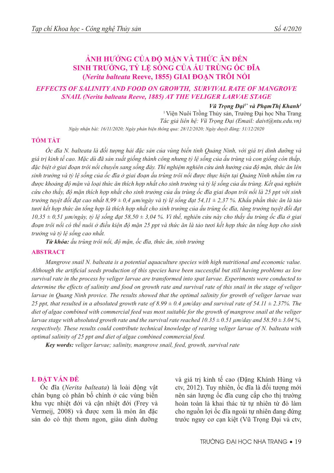 Ảnh hưởng của độ mặn và thức ăn đến sinh trưởng, tỷ lệ sống của ấu trùng ốc đĩa (nerita balteata reeve, 1855) giai đoạn trôi nổi trang 1