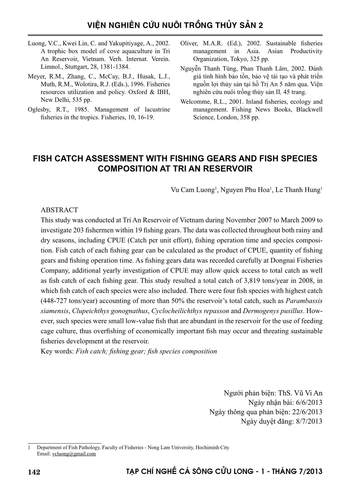 Đánh giá sản lượng thủy sản khai thác qua khảo sát ngư cụ và thành phần loài cá khai thác ở hồ Trị An trang 10
