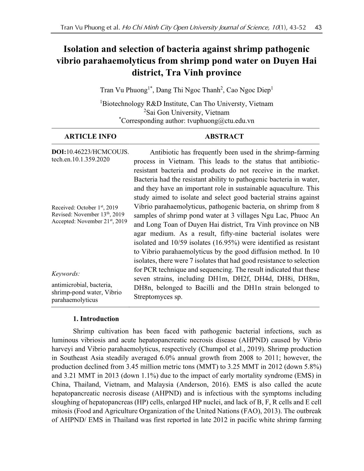 Isolation and selection of bacteria against shrimp pathogenic vibrio parahaemolyticus from shrimp pond water on Duyen Hai district, Tra Vinh province trang 1