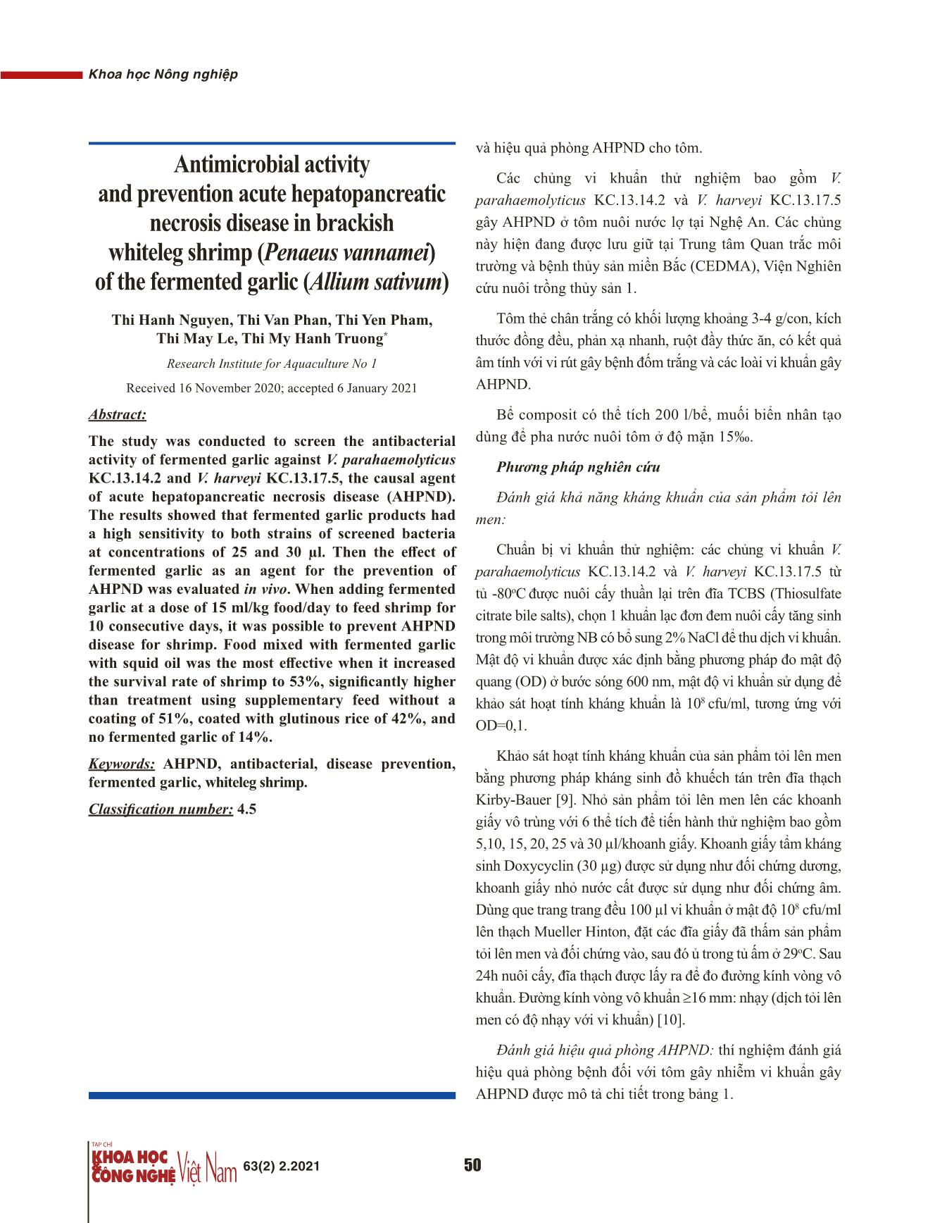 Khả năng kháng khuẩn và phòng bệnh hoại tử gan tụy cấp ở tôm thẻ chân trắng (Penaeus vannamei) của tỏi (Allum sativum) lên men trang 2