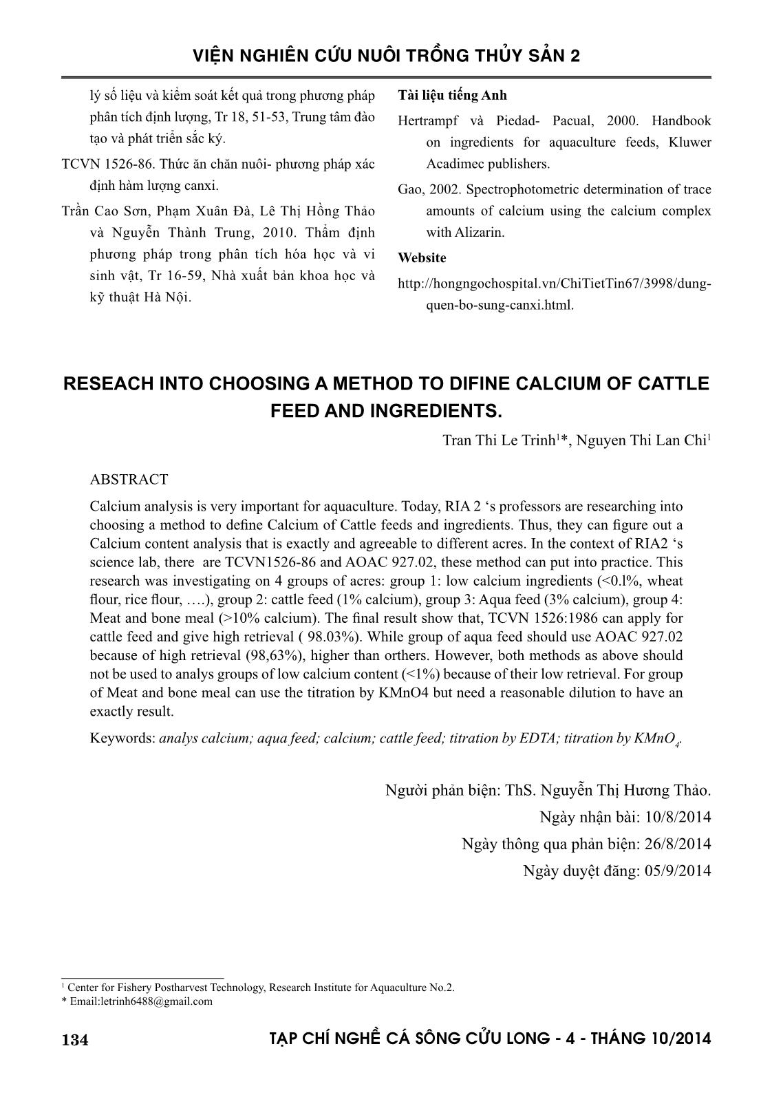 Nghiên cứu lựa chọn phương pháp phân tích để xác định canxi trong nguyên liệu và thức ăn vật nuôi trang 9