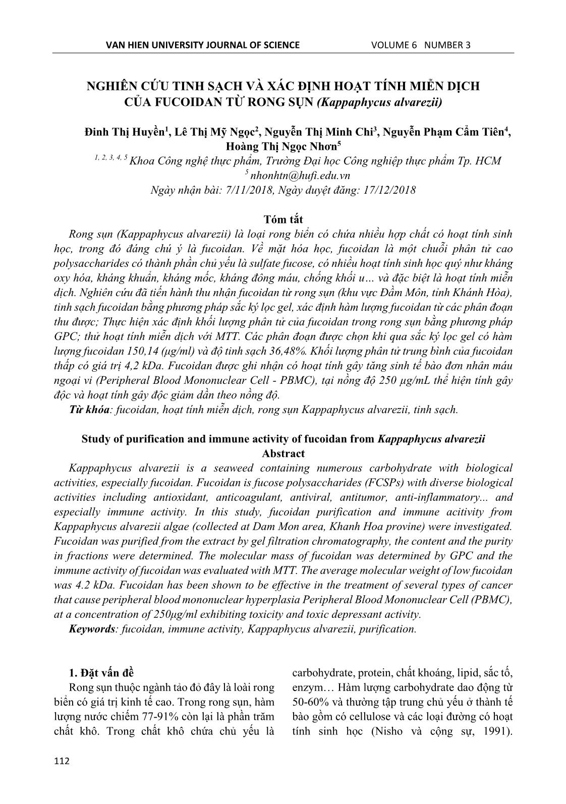Nghiên cứu tinh sạch và xác định hoạt tính miễn dịch của fucoidan từ rong sụn (kappaphycus alvarezii) trang 1