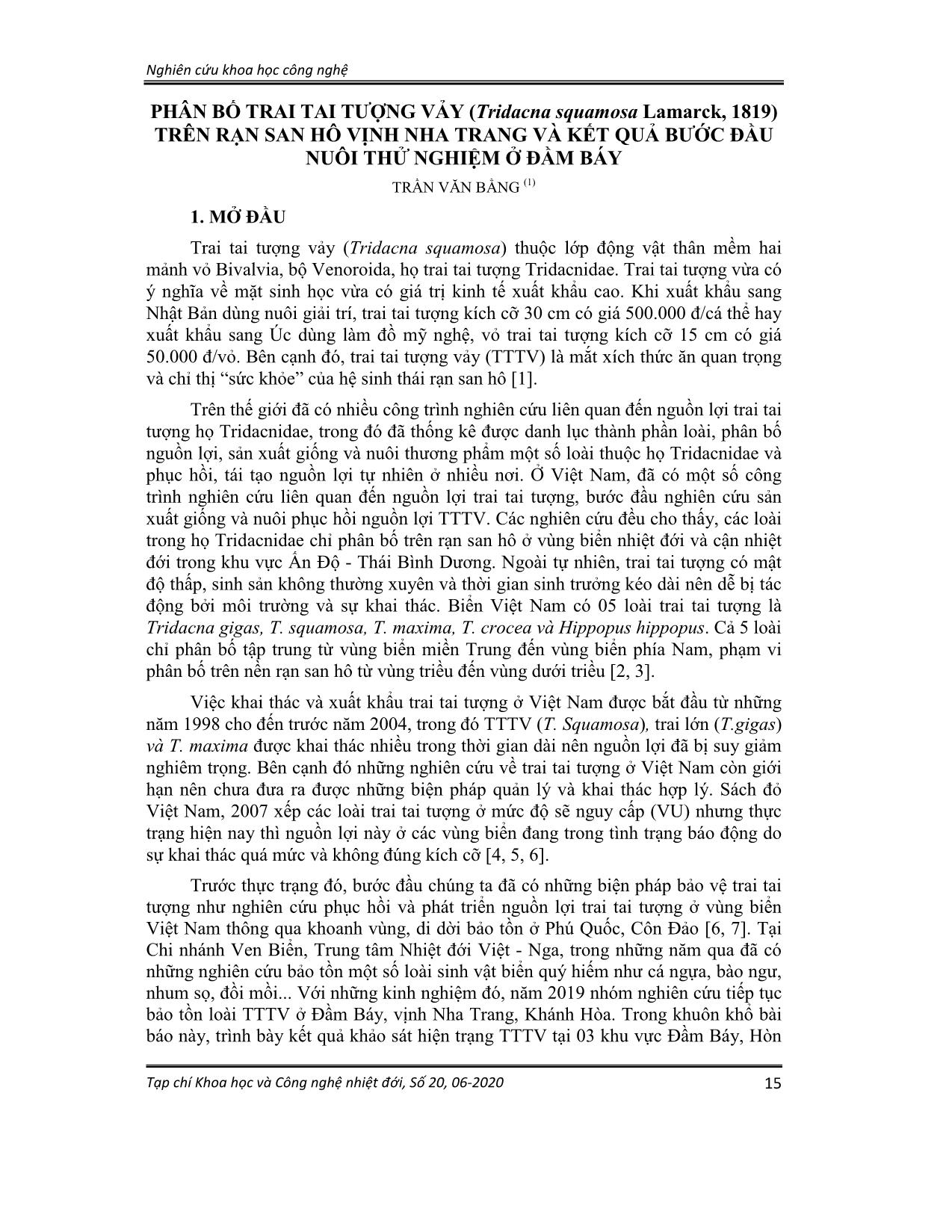 Phân bố trai tai tượng vảy (tridacna squamosa lamarck, 1819) trên rạn san hô vịnh Nha Trang và kết quả bước đầu nuôi thử nghiệm ở đầm báy trang 1