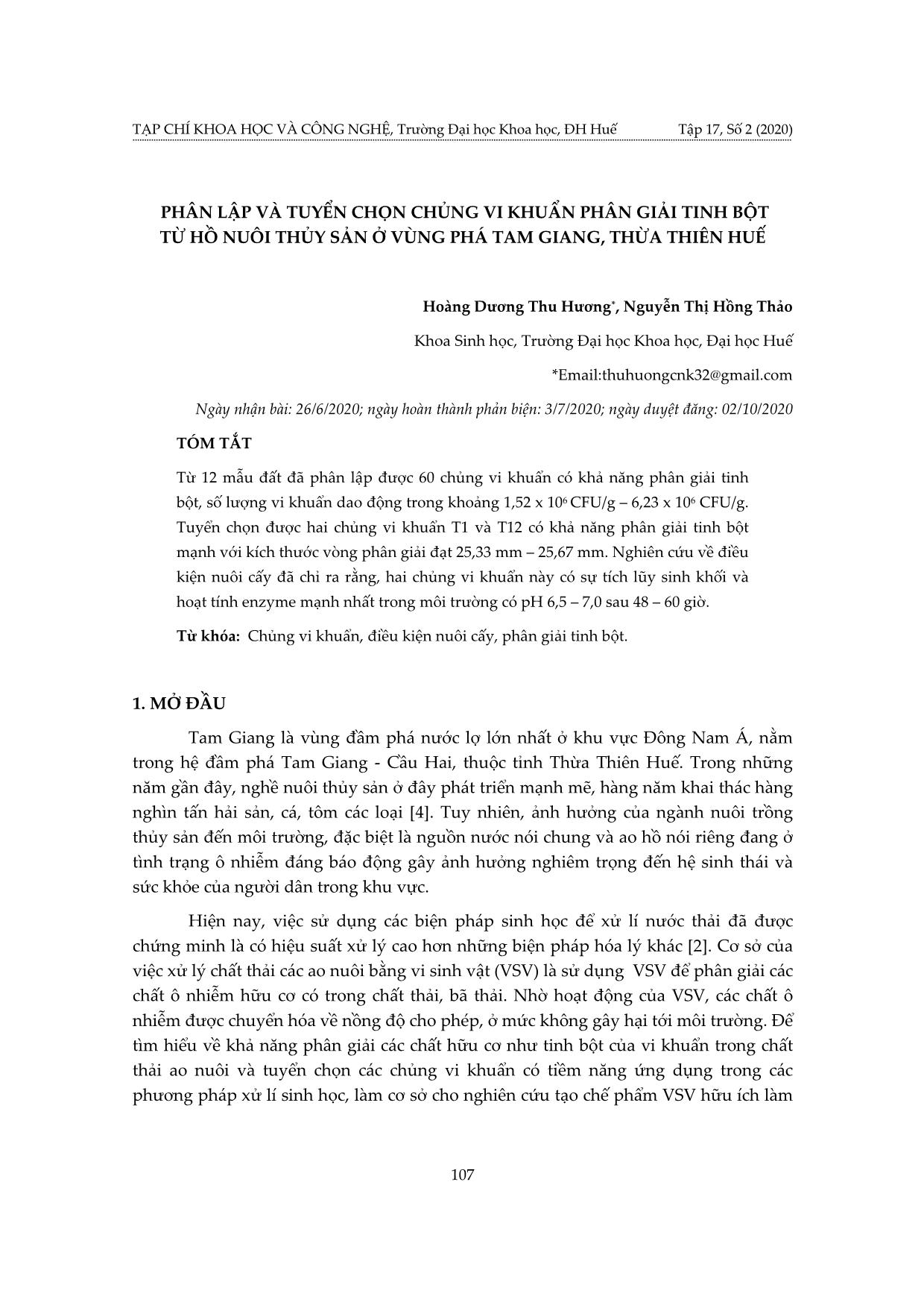 Phân lập và tuyển chọn chủng vi khuẩn phân giải tinh bột từ hồ nuôi thủy sản ở vùng phá Tam giang, Thừa Thiên Huế trang 1