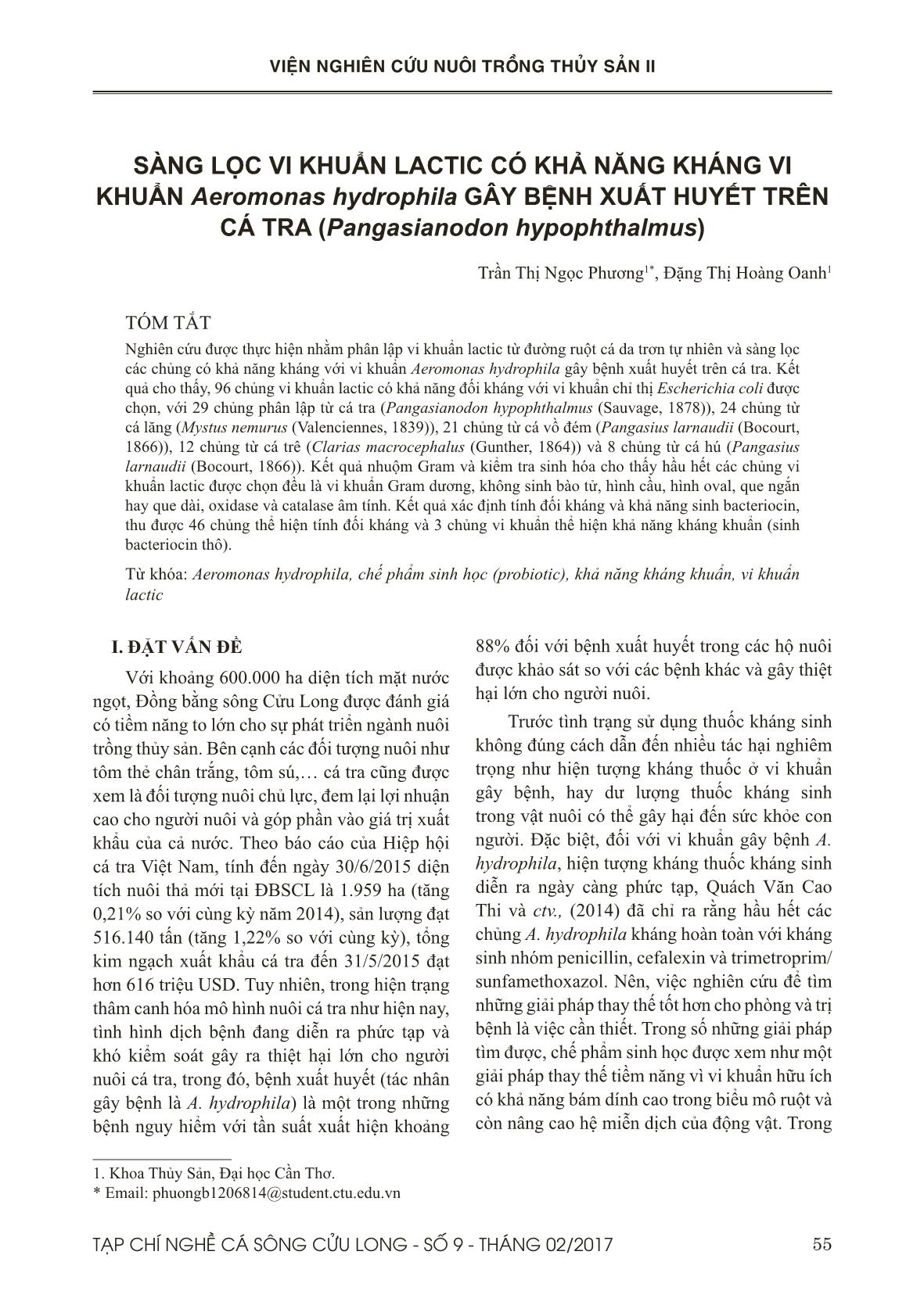 Sàng lọc vi khuẩn lactic có khả năng kháng vi khuẩn aeromonas hydrophila gây bệnh xuất huyết trên cá tra (pangasianodon hypophthalmus) trang 1