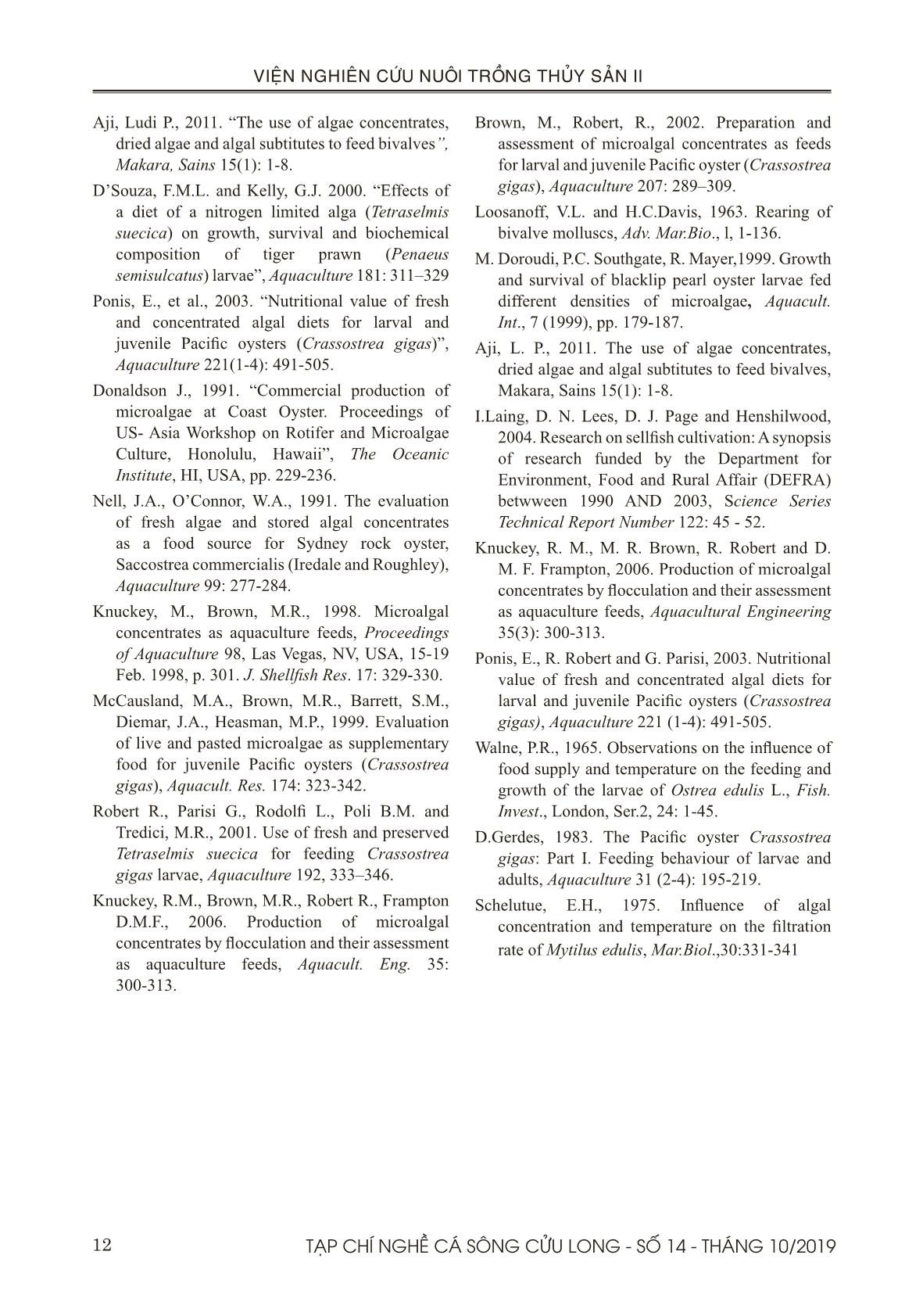 Sử dụng tảo cô đặc thalassiosira sp. trong ương ấu trùng nghêu Bến tre (meretrix lyrata sowerby, 1851) trang 10