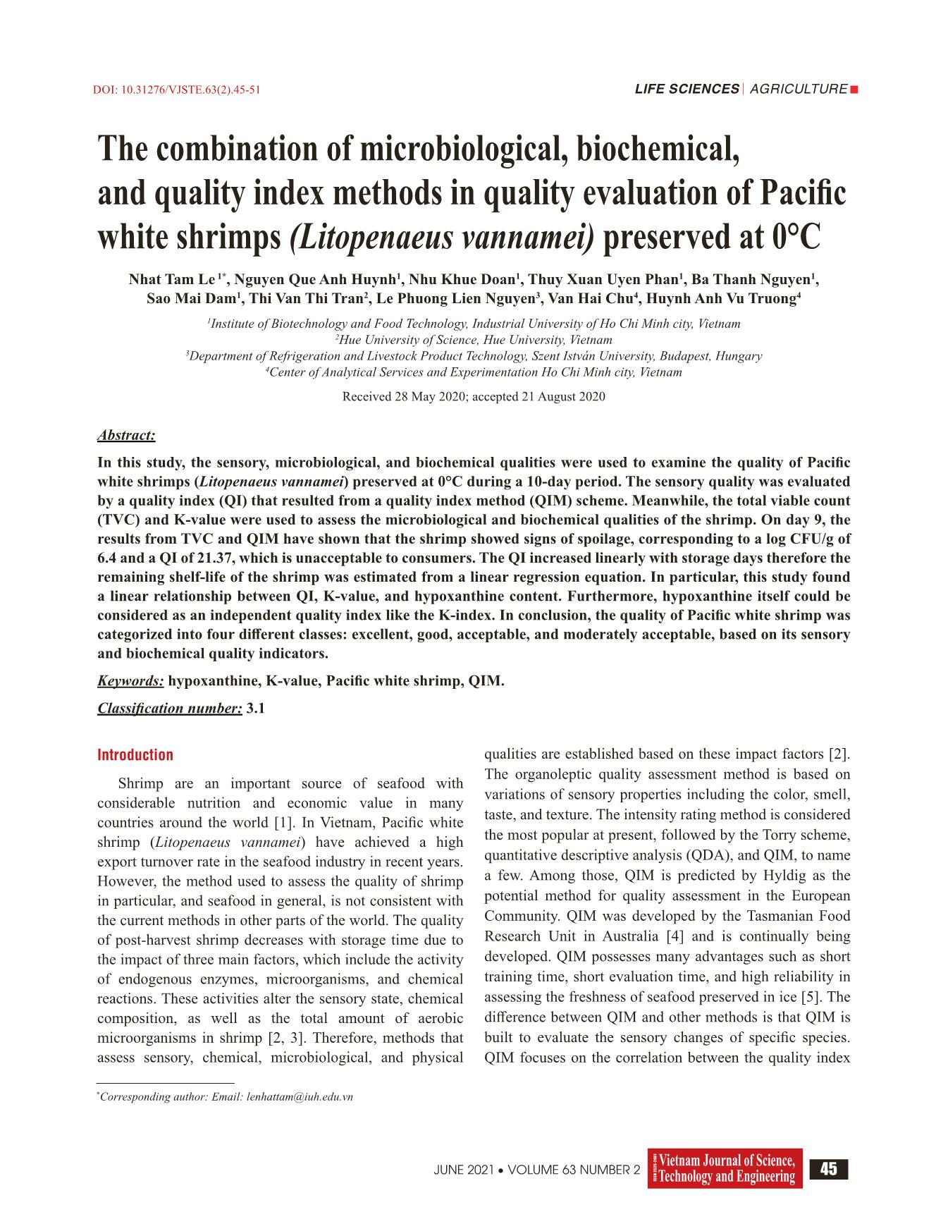 The combination of microbiological, biochemical, and quality index methods in quality evaluation of pacific white shrimps (Litopenaeus vannamei) preserved at 0°C trang 1