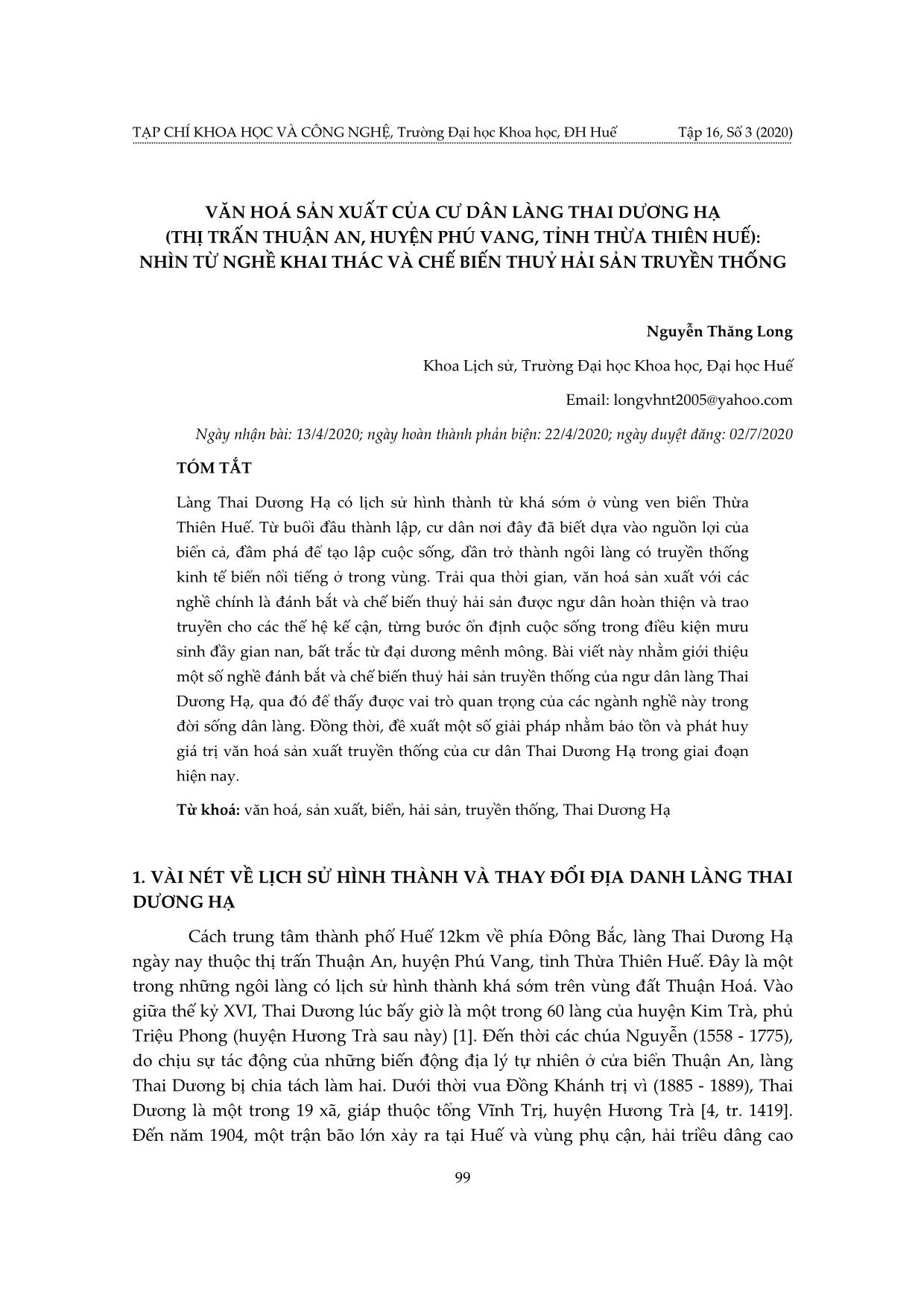 Văn hoá sản xuất của cư dân làng Thai Dương Hạ (thị trấn Thuận an, huyện Phú vang, tỉnh Thừa Thiên Huế): Nhìn từ nghề khai thác và chế biến thuỷ hải sản truyền thống trang 1