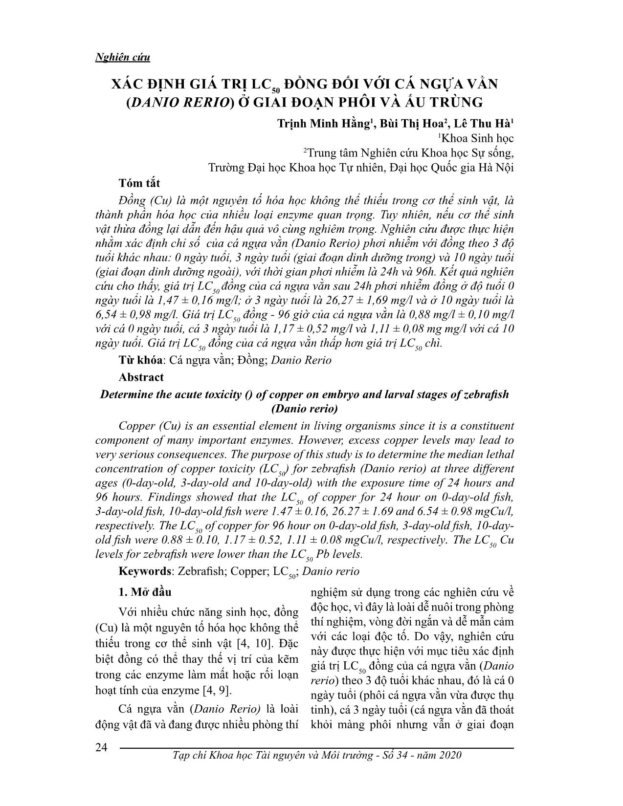 Xác định giá trị LC50 đòng đối với cá ngựa vằn (danio rerio) ở giai đoạn phôi và ấu trùng trang 1