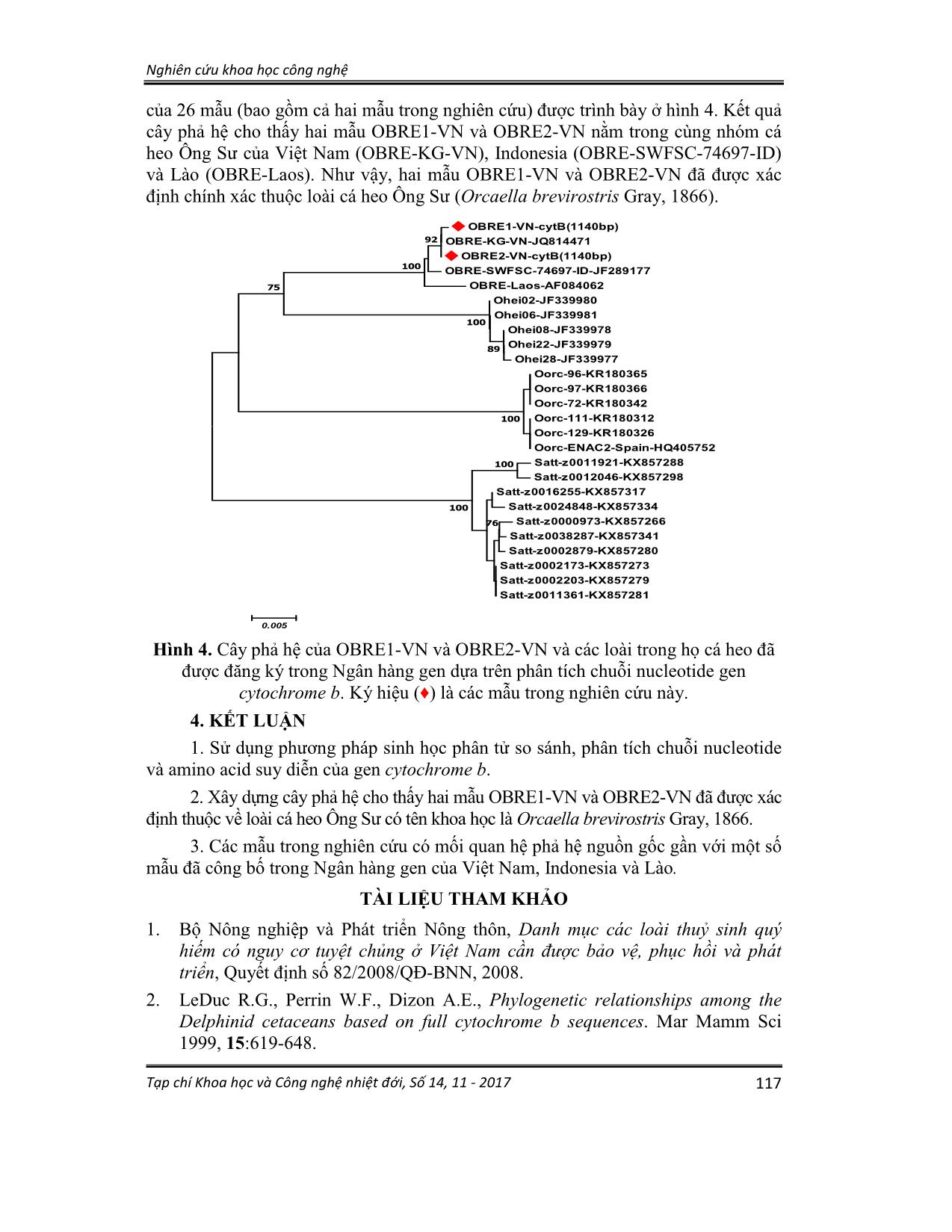 Xác định trình tự gen mã hóa cytochrome B của hệ gen TY thể và mối quan hệ di truyền của loài cá heo ông sư (orcaella brevirostris gray, 1866) vùng biển Kiên giang, Việt Nam trang 7